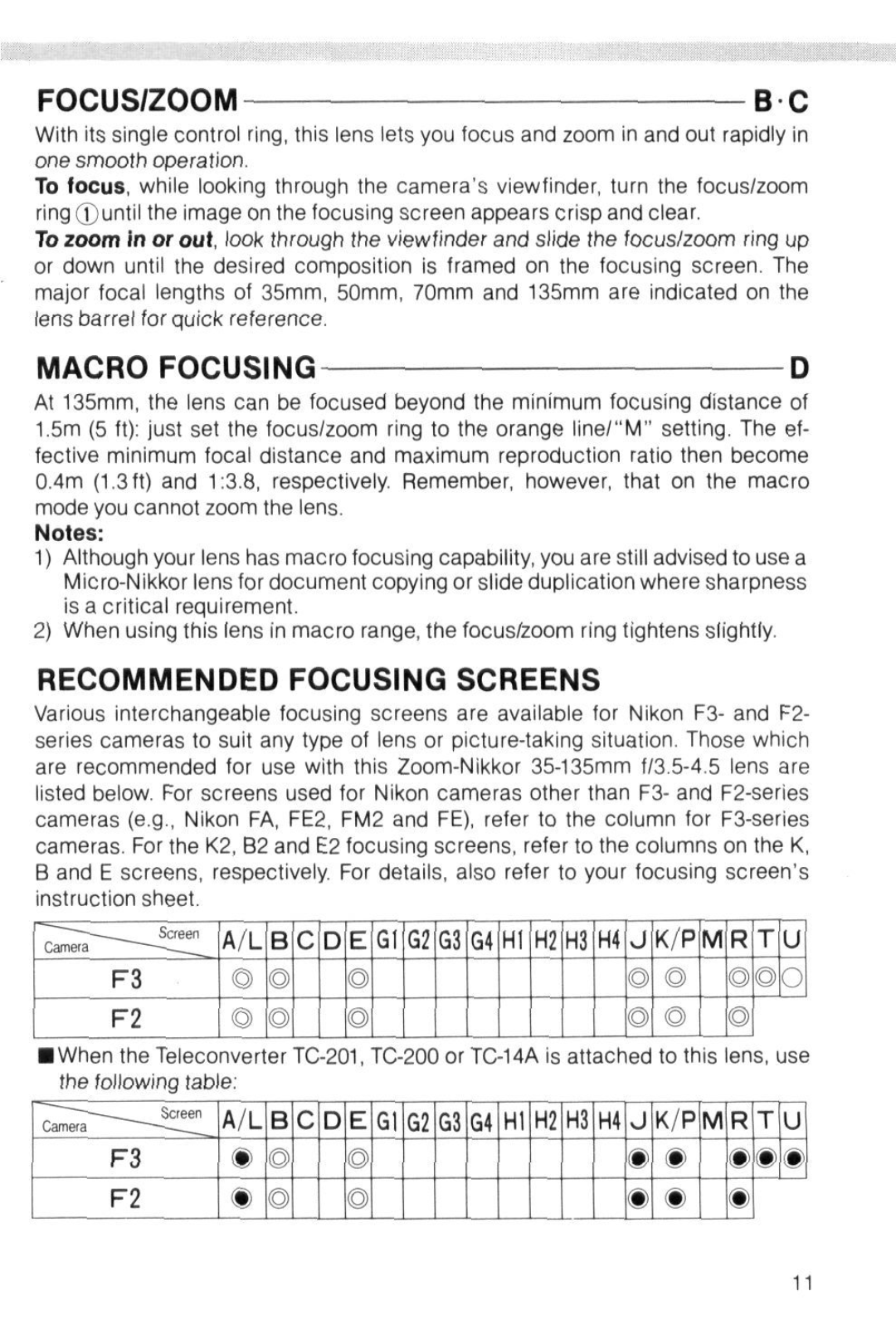 Nikon 98504 instruction manual Focus/Zoom, Macro Focusing, Recommended Focusing Screens 