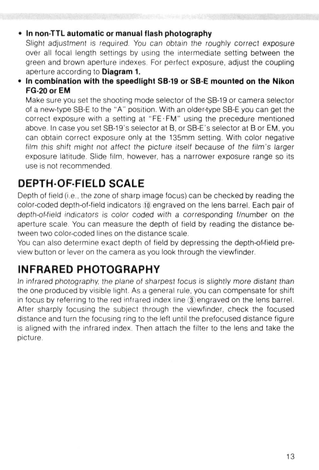 Nikon 98504 instruction manual DEPTH-OF-FIELD Scale, Infrared Photography, Non-TTL automatic or manual flash photography 