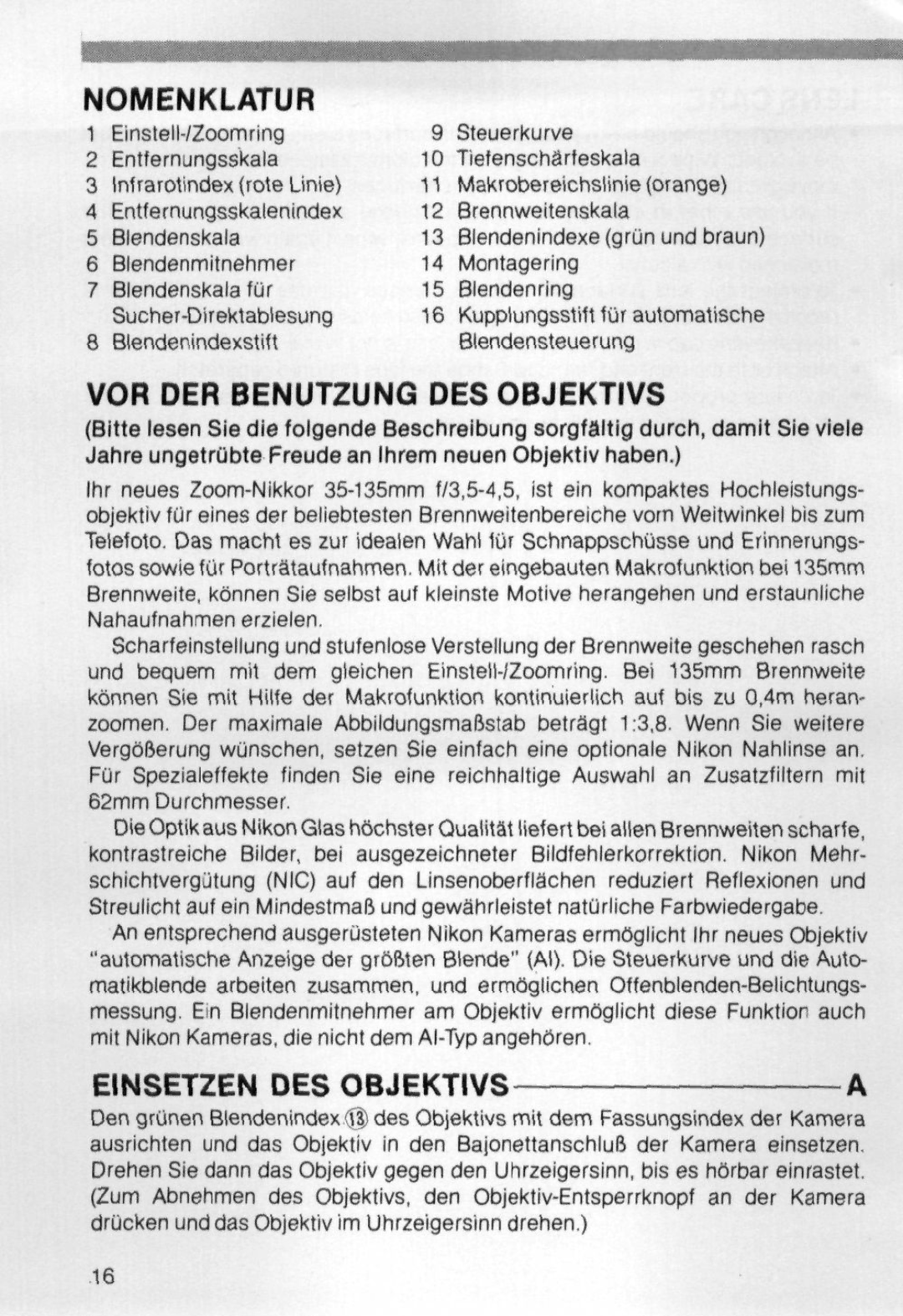 Nikon 98504 instruction manual Nomenklatur, VOR DER Benutzung DES Objektivs, Einsetzen DES Objektivs 