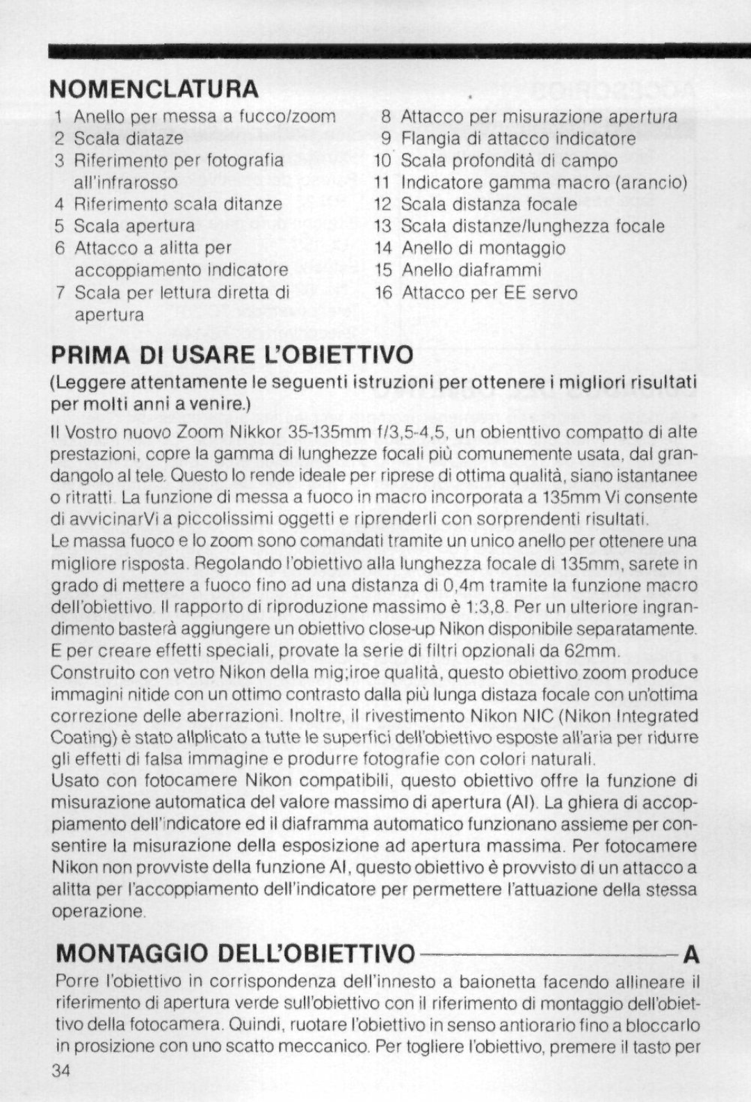 Nikon 98504 instruction manual Prima DI Usare Lobiettivo, Montaggio Dellobiettivo 