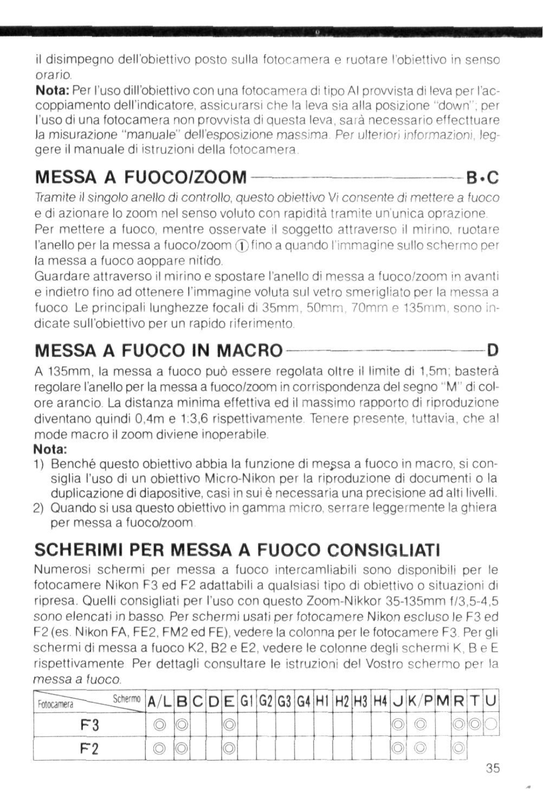 Nikon 98504 instruction manual Messa a FUOCO/ZOOM, Messa a Fuoco in Macro, Scherimi PER Messa a Fuoco Consigliati 