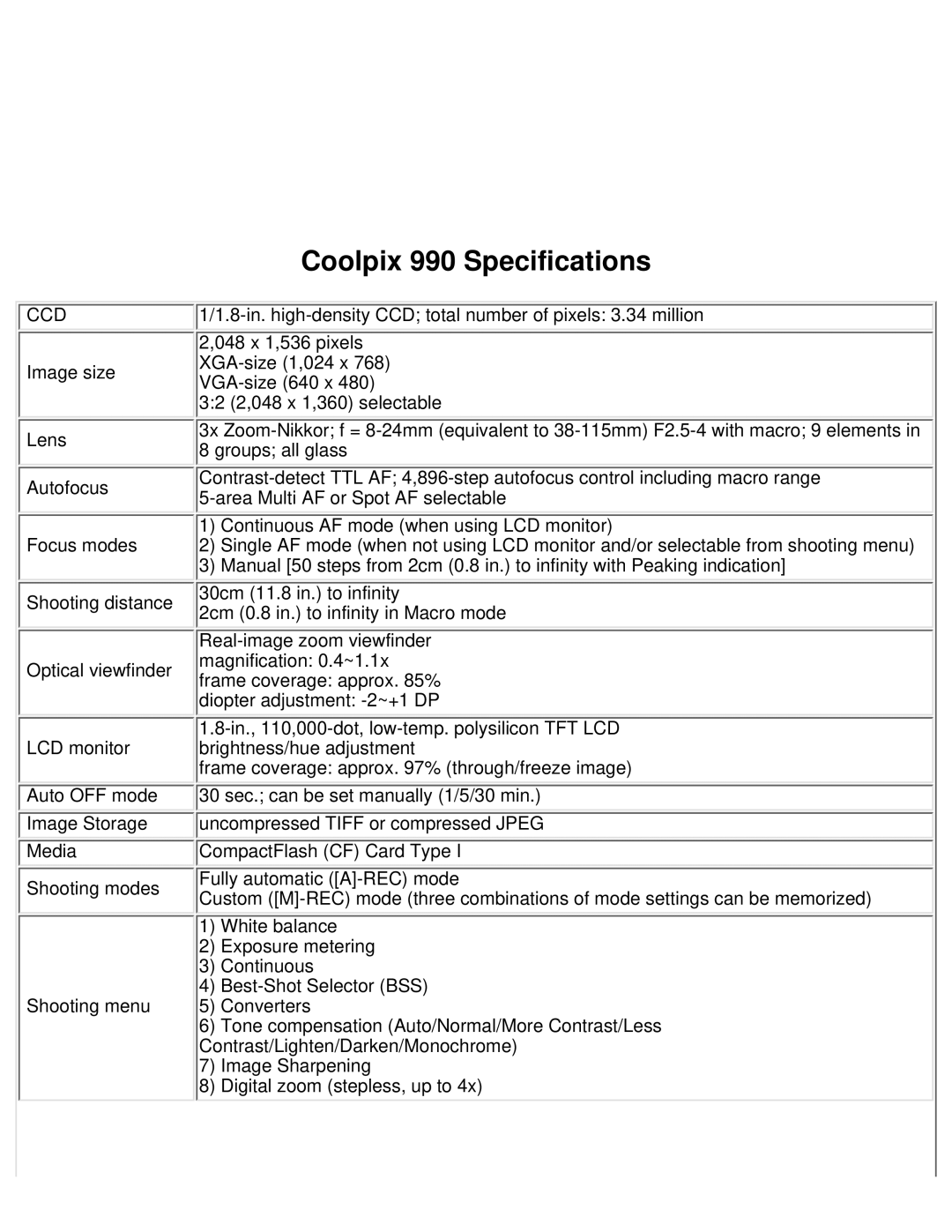 Nikon manual Coolpix 990 Specifications 