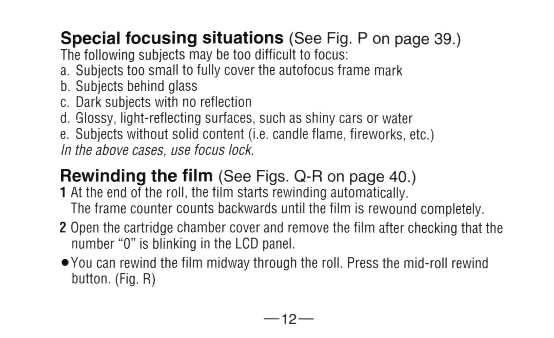 Nikon A20 instruction manual Special focusing situations See Fig. P on 