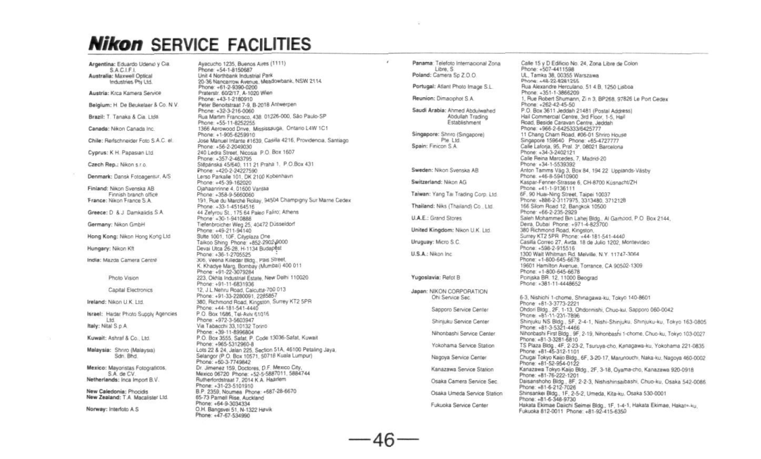 Nikon A20 instruction manual Nikon Service Facilities 