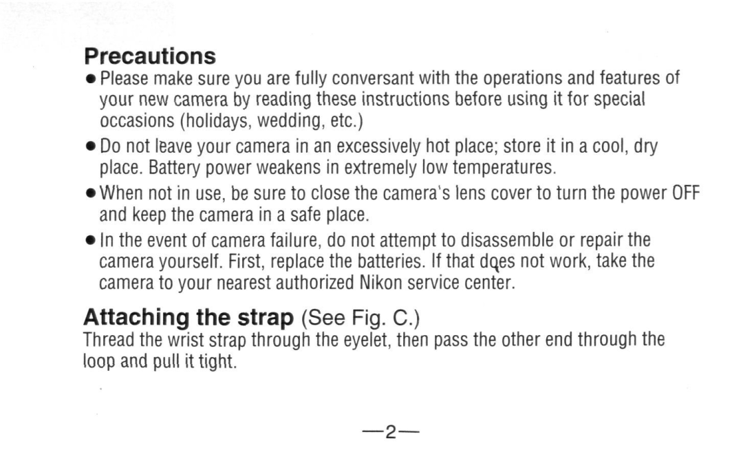 Nikon A20 instruction manual Precautions, Attaching the strap See Fig. C 