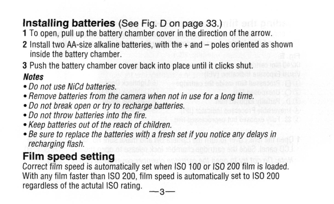 Nikon A20 instruction manual Installing batteries See Fig. D on, Film speed setting 