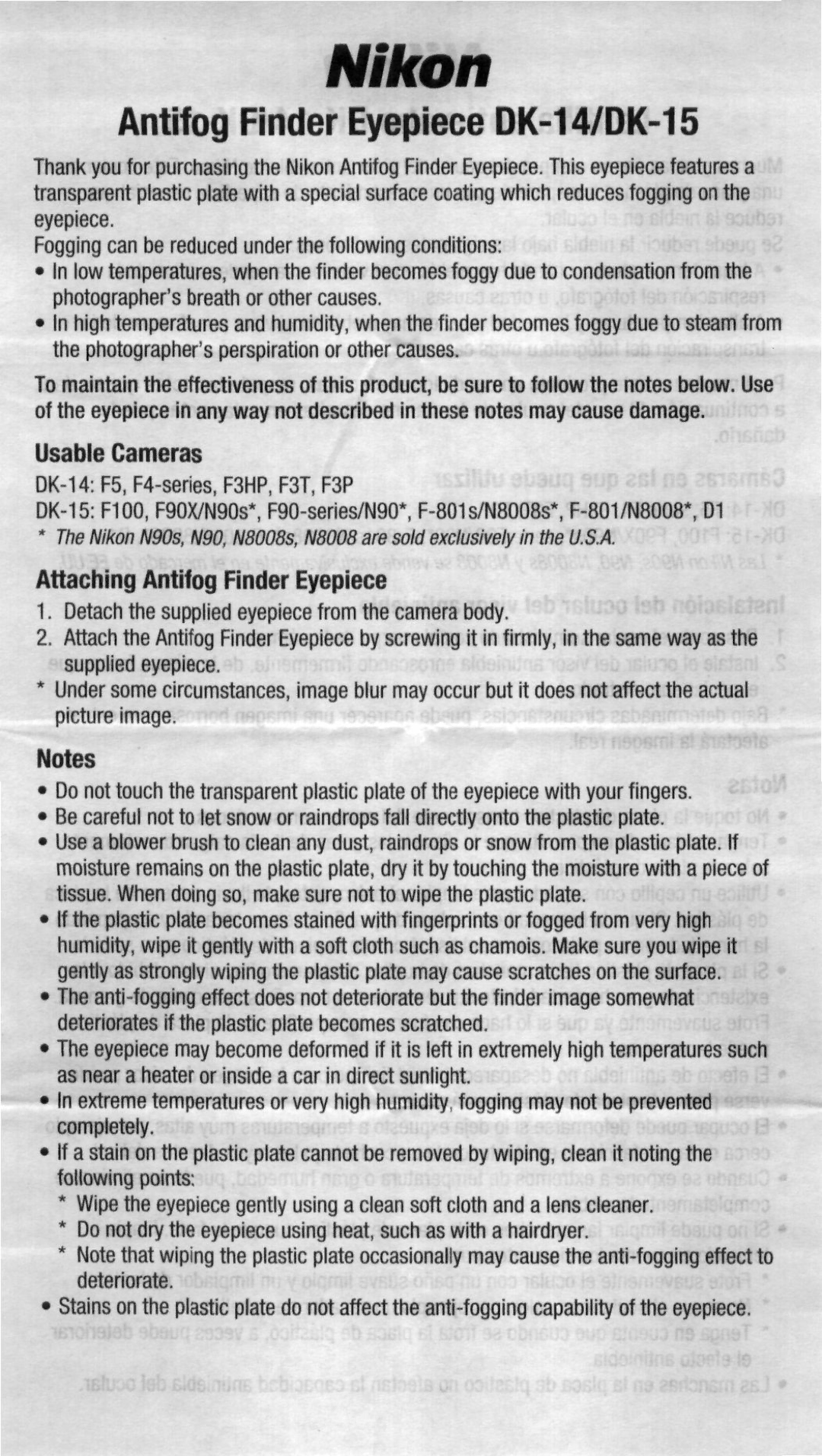 Nikon AC-2WE instruction manual Antifog Finder Eyepiece DK-14/DK-15 