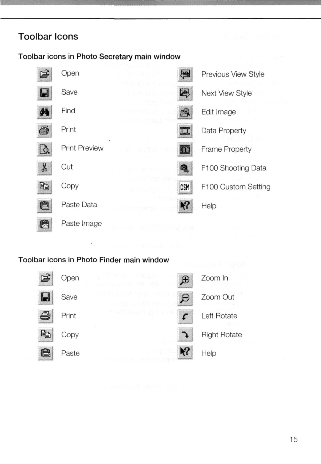 Nikon AC-2WE instruction manual Toolbar Icons, Save, Toolbar icons in Photo Secretary main window 