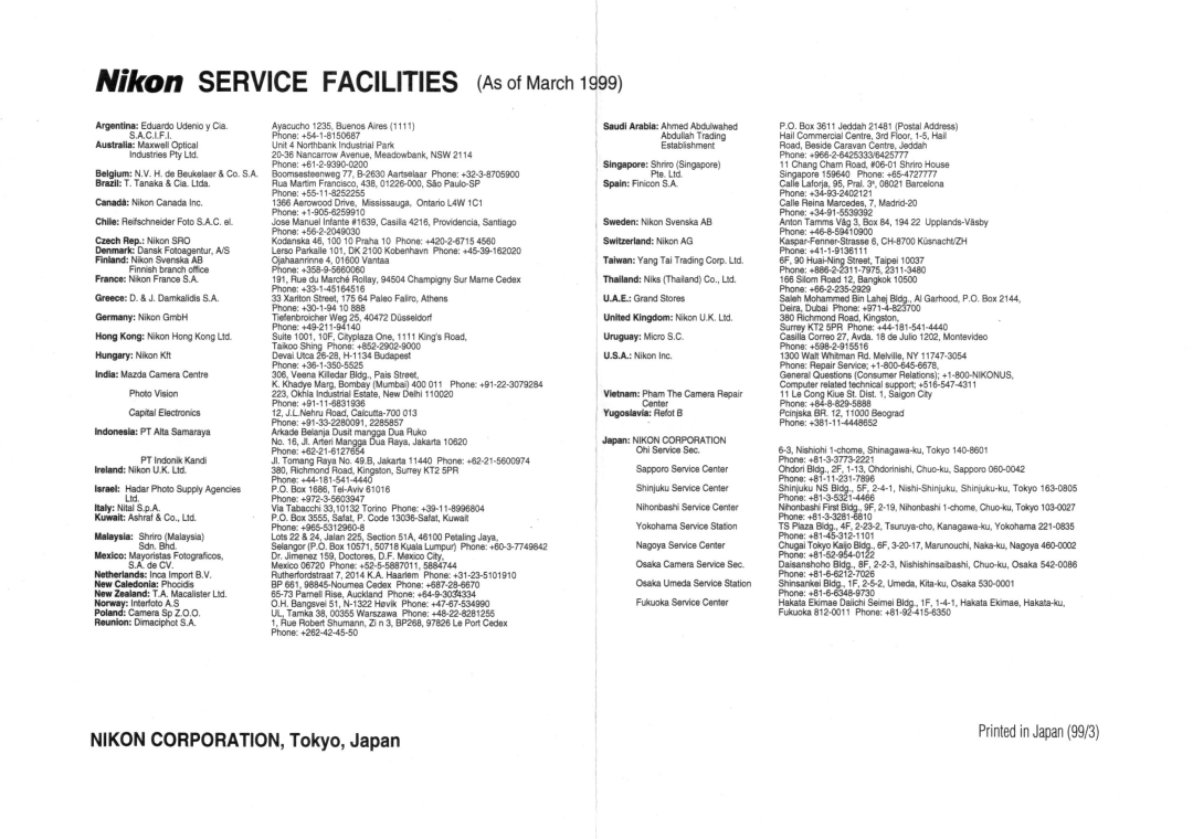 Nikon AC-2WE instruction manual Nikon Service Facilities As of March 