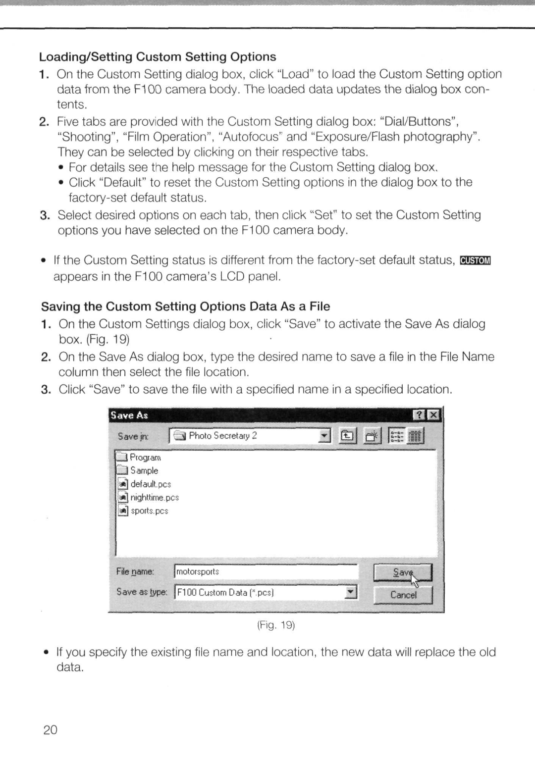 Nikon AC-2WE instruction manual Loading/Setting Custom Setting Options, Saving the Custom Setting Options Data As a File 