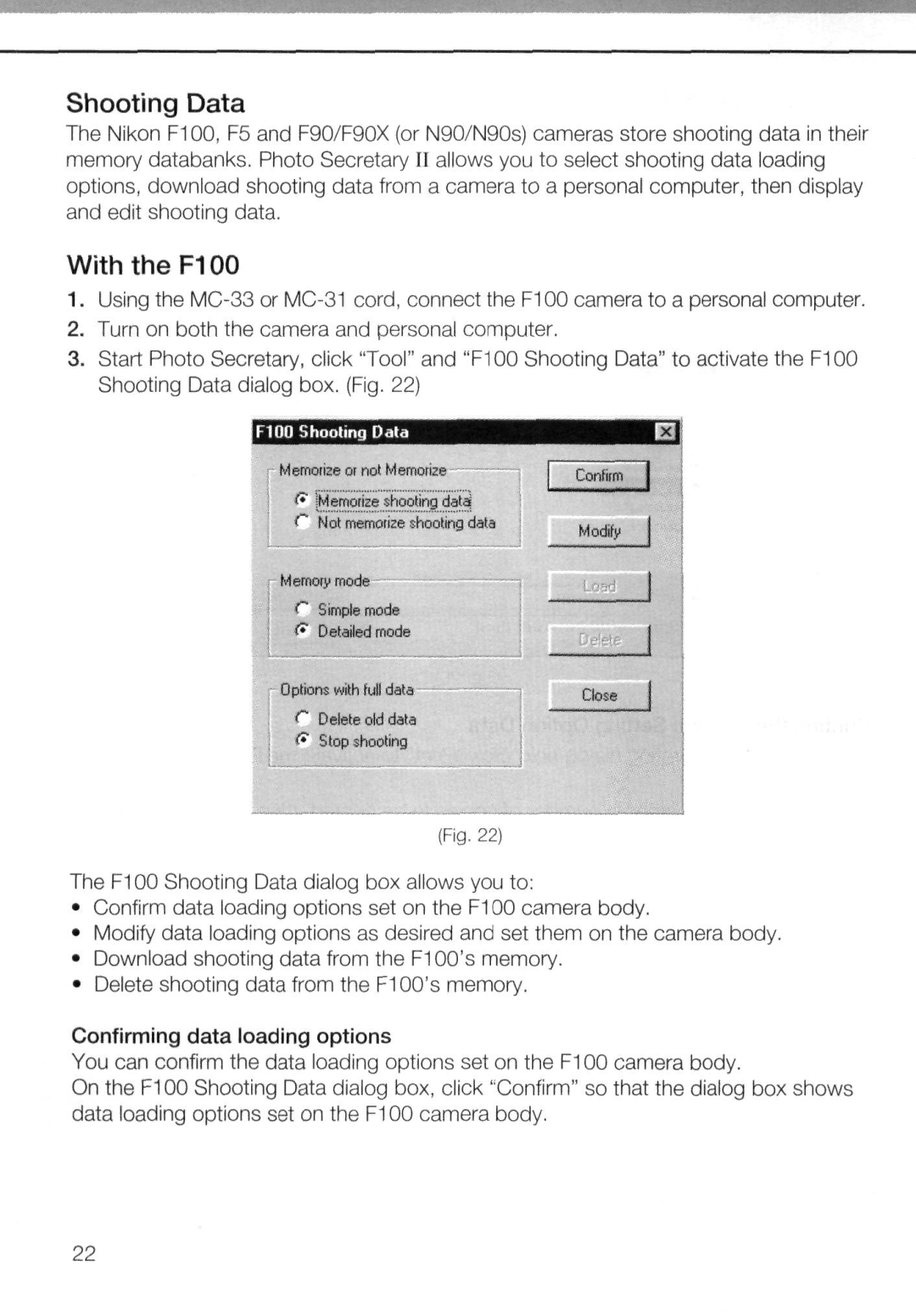 Nikon AC-2WE instruction manual Shooting Data, With the F100, Confirming data loading options 