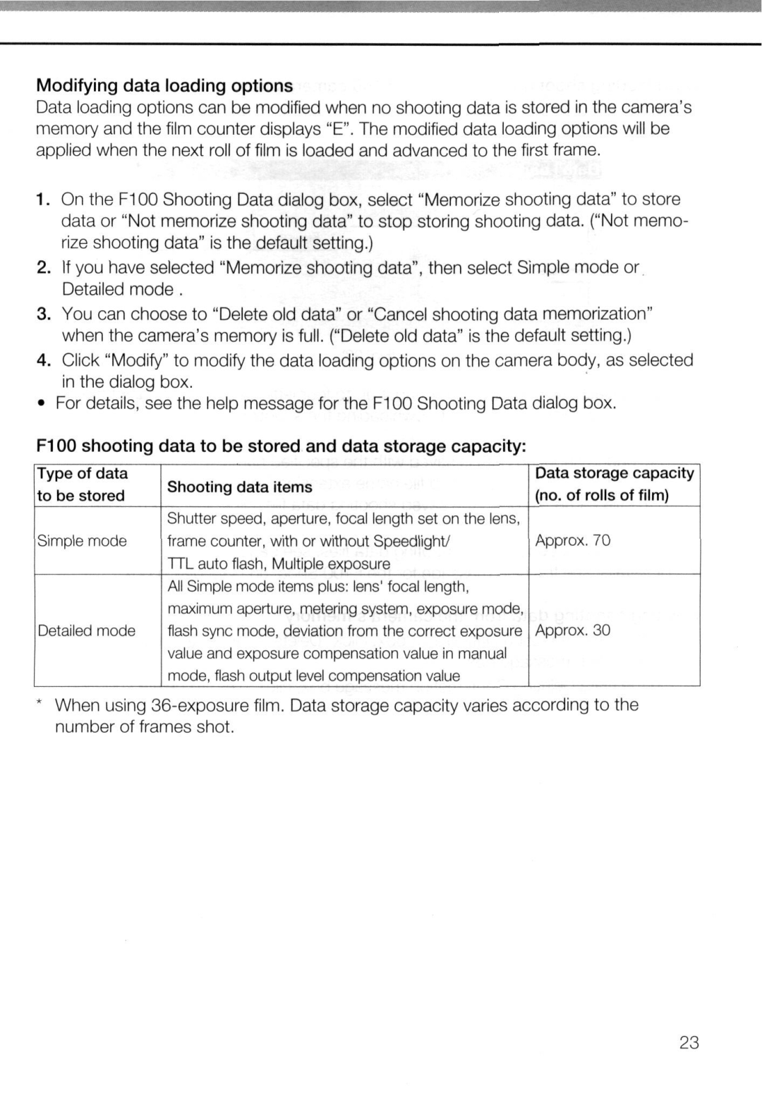 Nikon AC-2WE instruction manual Modifying data loading options, F100 shooting data to be stored and data storage capacity 