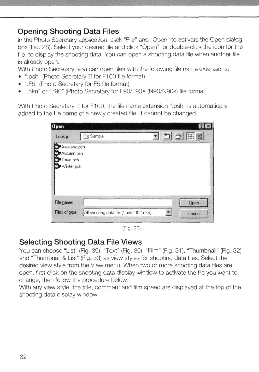 Nikon AC-2WE instruction manual Opening Shooting Data Files, Selecting Shooting Data File Views 