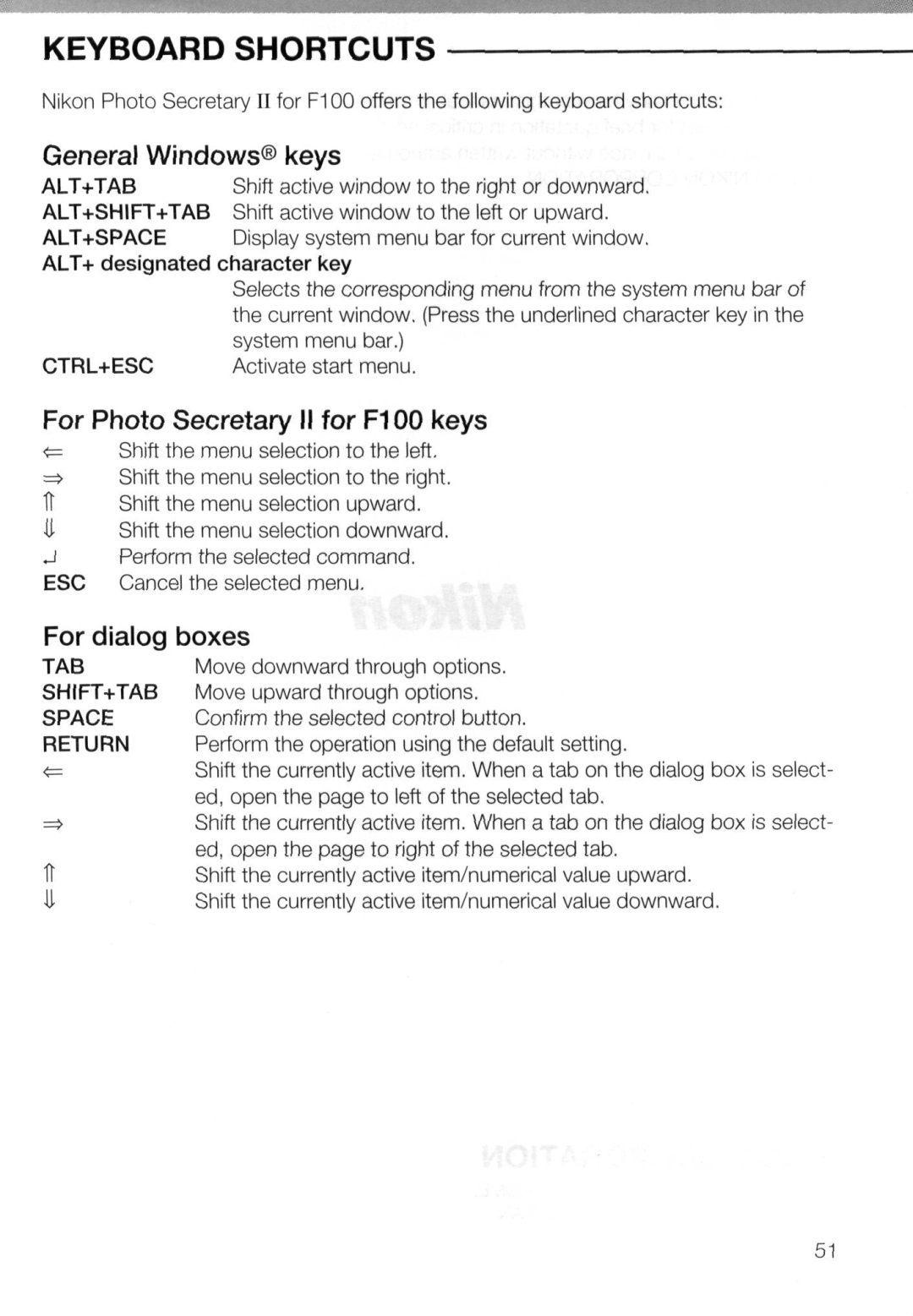 Nikon AC-2WE instruction manual General Windows keys, For Photo Secretary II for F100 keys, For dialog boxes 