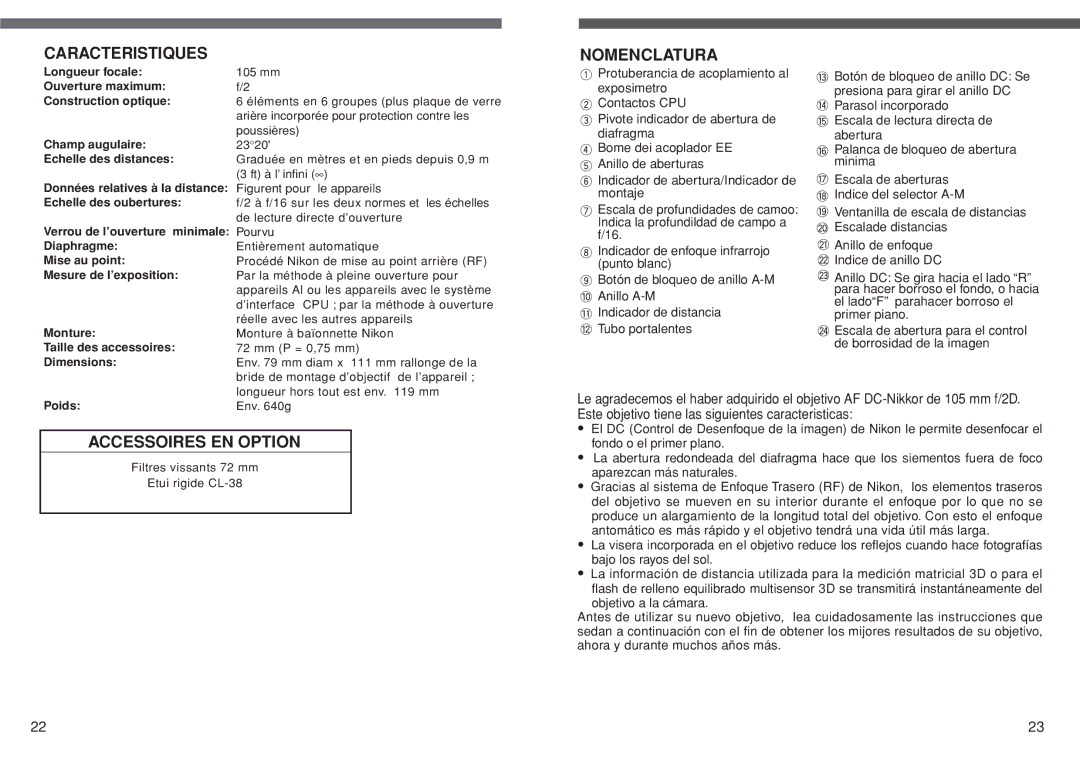 Nikon AF DC-NIKKOR instruction manual Caracteristiques, Nomenclatura, Accessoires EN Option, Poids 