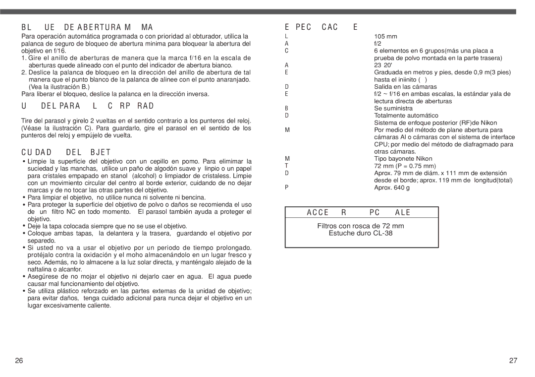 Nikon AF DC-NIKKOR Bloqueo DE Abertura Minima, USO DEL Parasol Incorporado, Cuidados DEL Objetivo, Especificaciones 