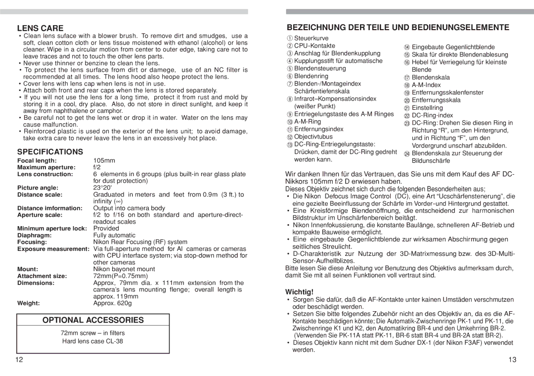 Nikon AF DC-NIKKOR Lens Care Bezeichnung DER Teile UND Bedienungselemente, Optional Accessories, Specifications 