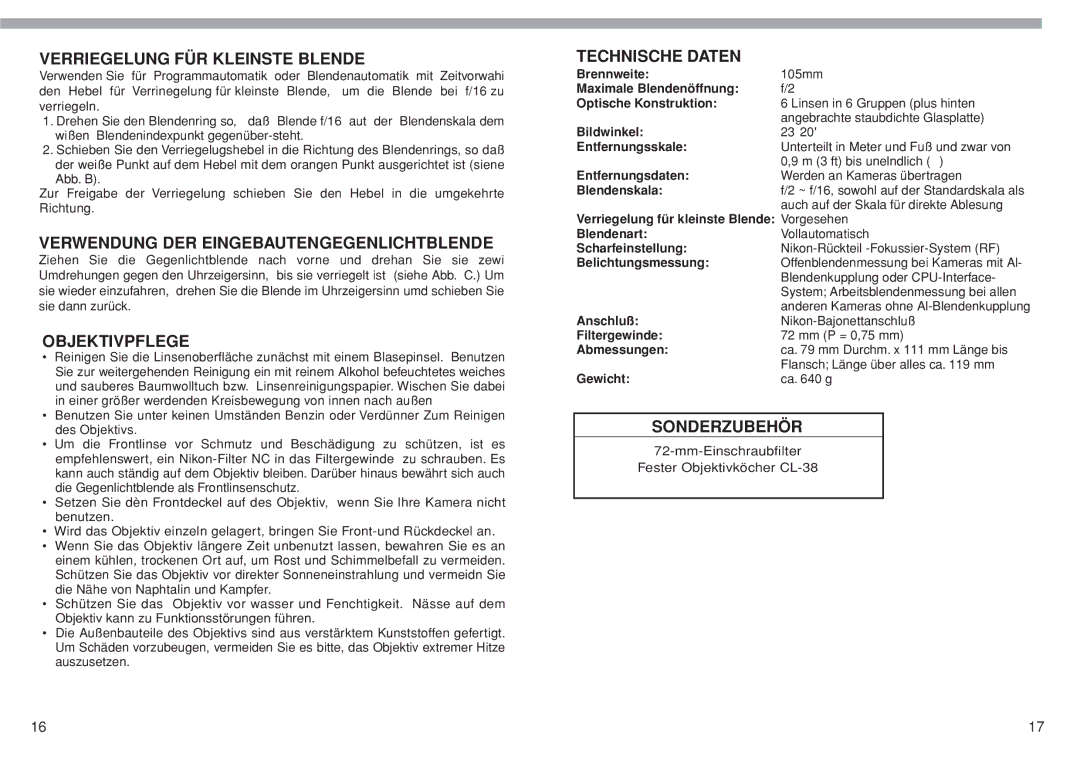 Nikon AF DC-NIKKOR Verriegelung FÜR Kleinste Blende, Verwendung DER Eingebautengegenlichtblende, Objektivpflege 