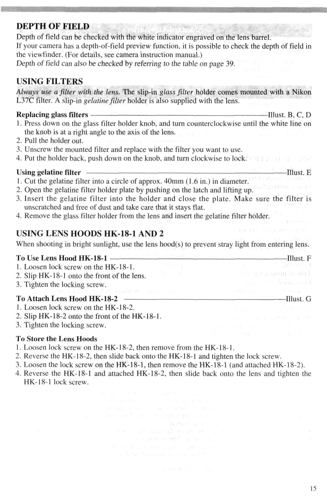 Nikon AF-I Nikkor ED 600mm f/4 D IF instruction manual Using Filters, Using Lens Hoods HK-18-1 