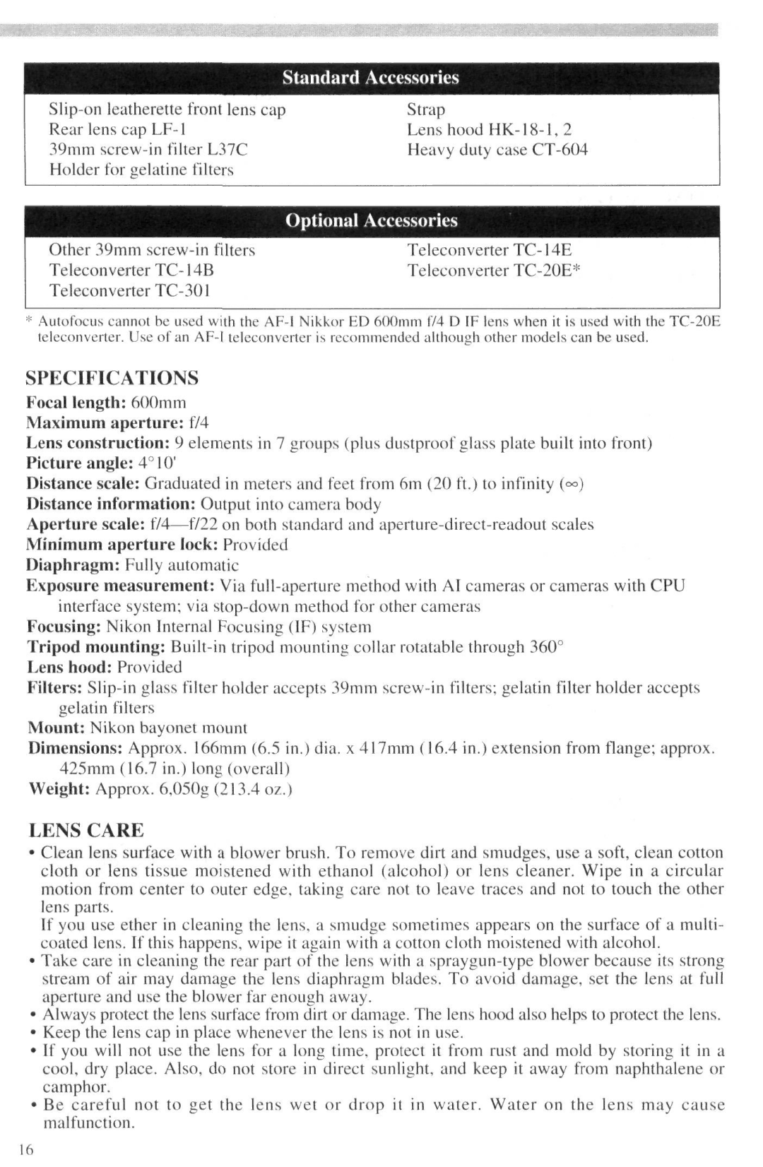 Nikon AF-I Nikkor ED 600mm f/4 D IF instruction manual Specifications, Lens Care 