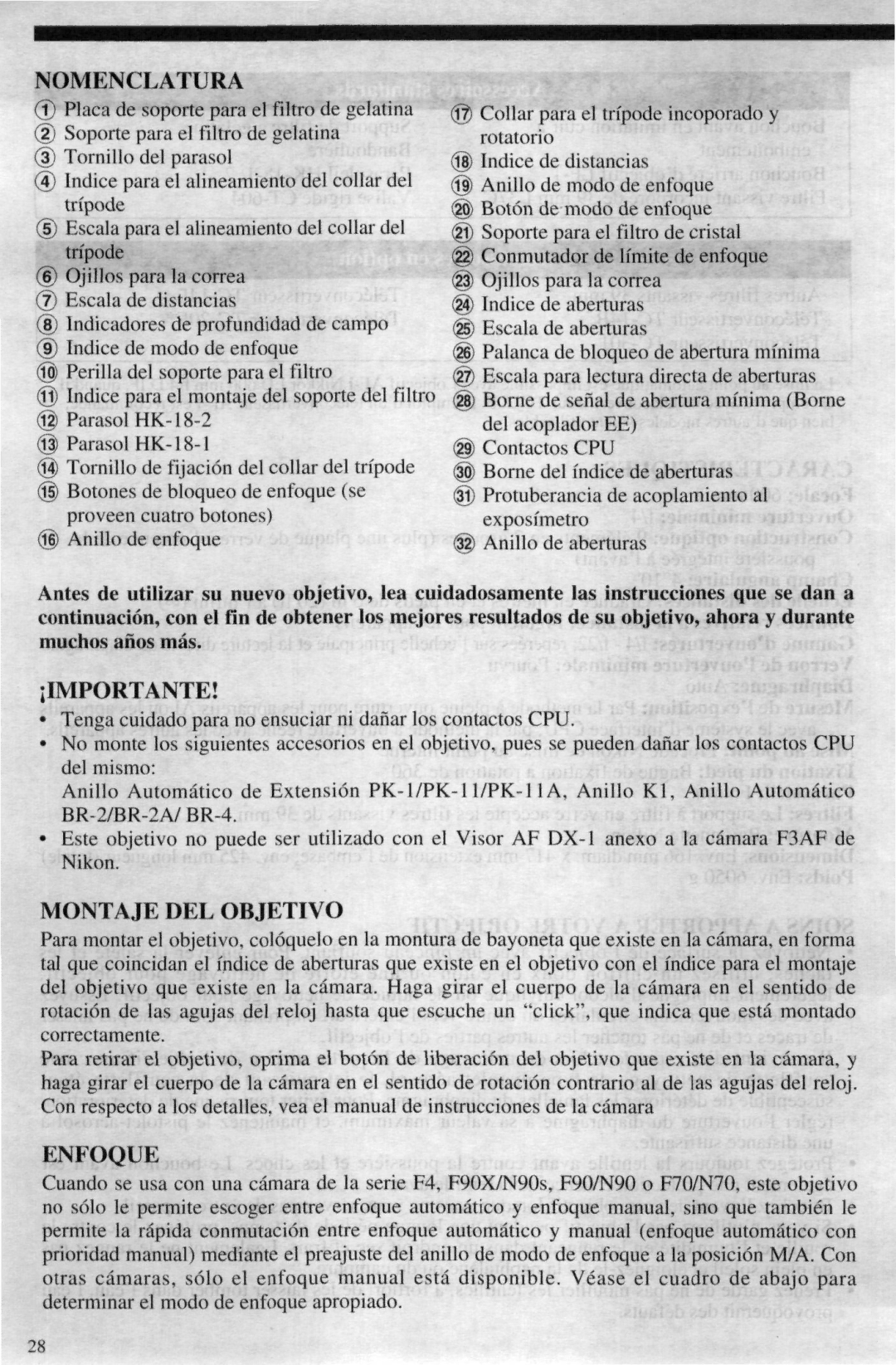 Nikon AF-I Nikkor ED 600mm f/4 D IF instruction manual Nomenclatura, Montaje DEL Objetivo, Enfoque 