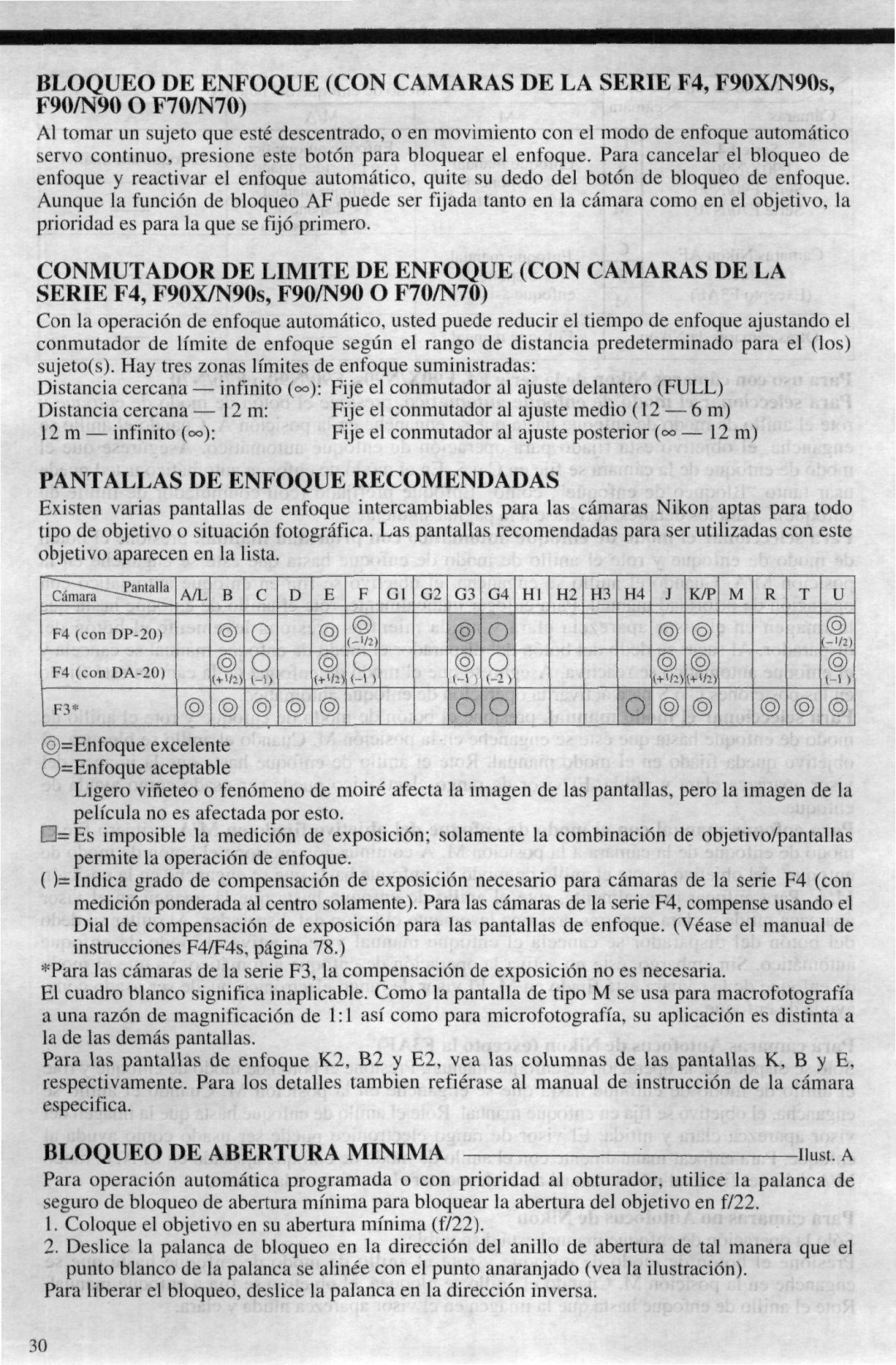 Nikon AF-I Nikkor ED 600mm f/4 D IF instruction manual Pantallas DE Enfoque Recomendadas, Bloqueo DE Abertura MINIMAiiust a 