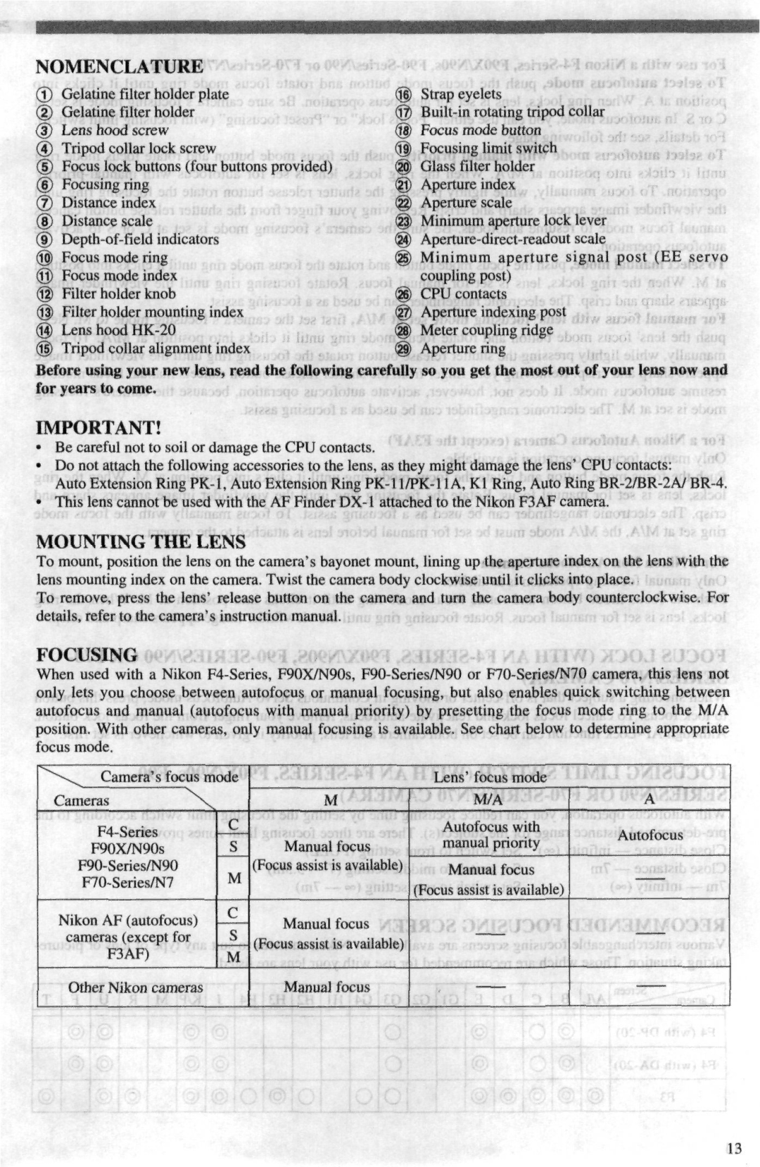 Nikon AF-I instruction manual Nomenclature, Mounting the Lens, Focusing 