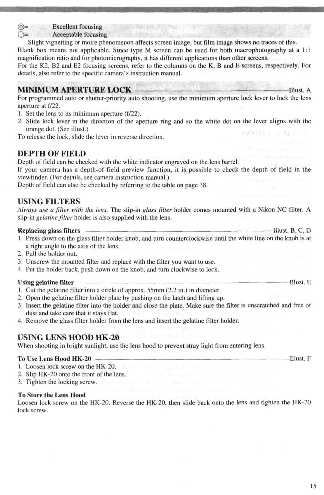 Nikon AF-I instruction manual Minimum Aperture Lock, Depth of Field, Using Filters, Using Lens Hood HK-20 