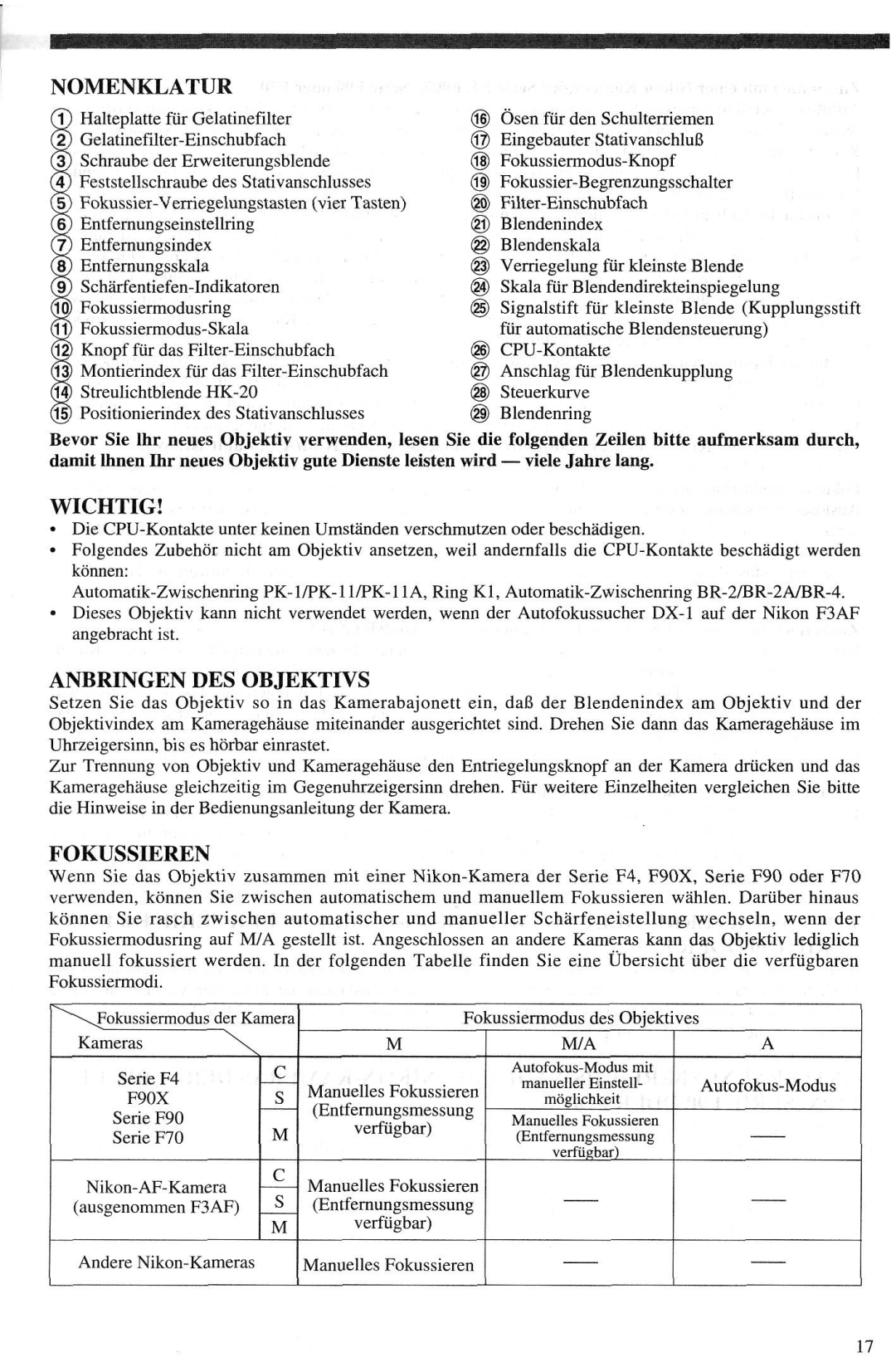 Nikon AF-I instruction manual Nomenklatur, Wichtig, Anbringen DES Objektivs, Fokussieren 