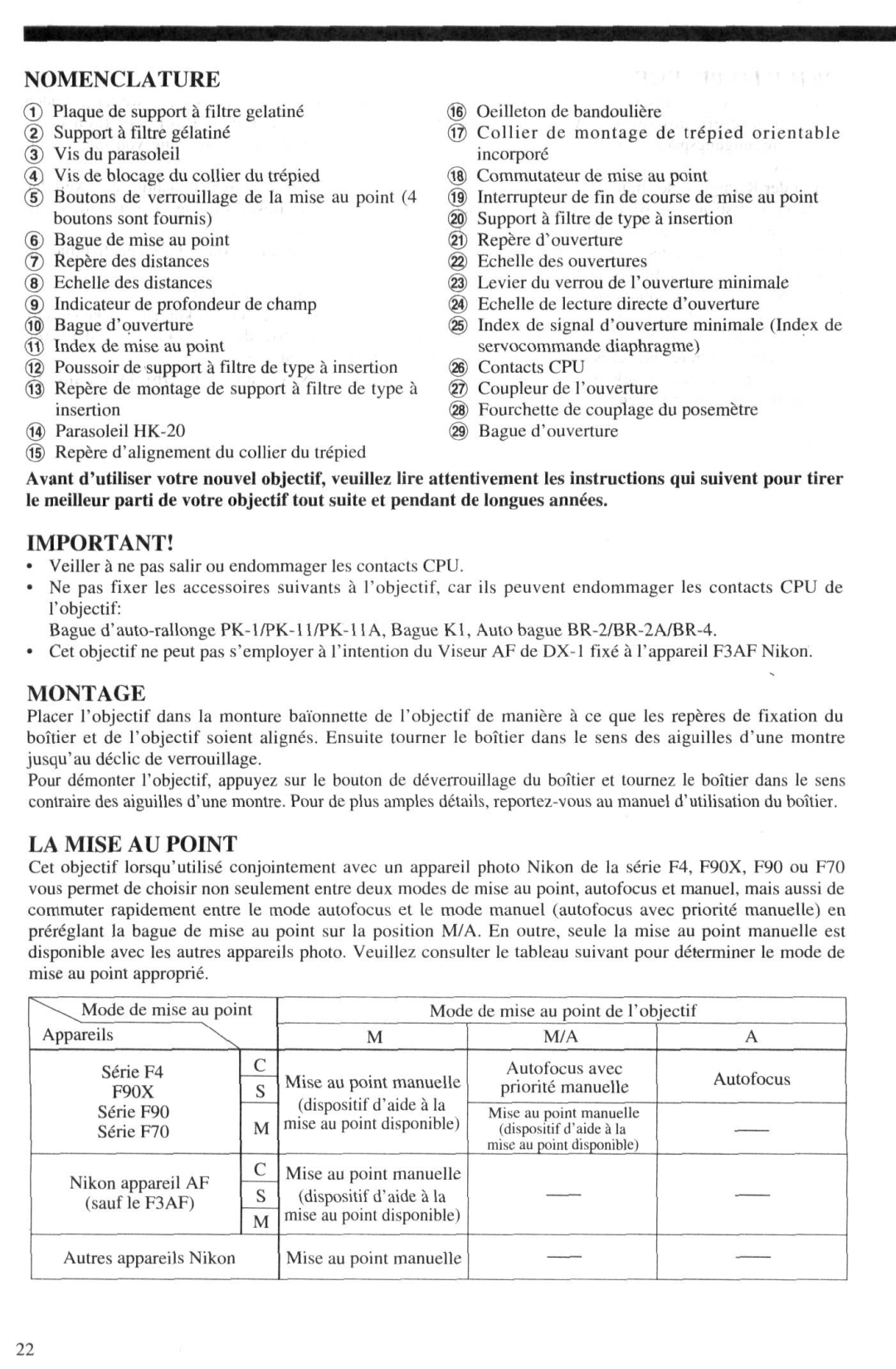 Nikon AF-I instruction manual Montage, LA Mise AU Point 