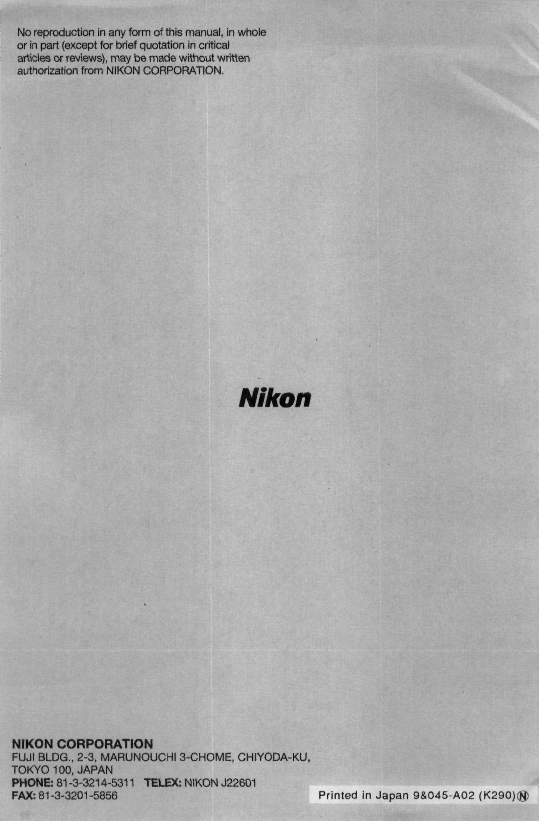 Nikon AF-I instruction manual Phone 81 -3-3214-5311 Telex Nikon J22601 