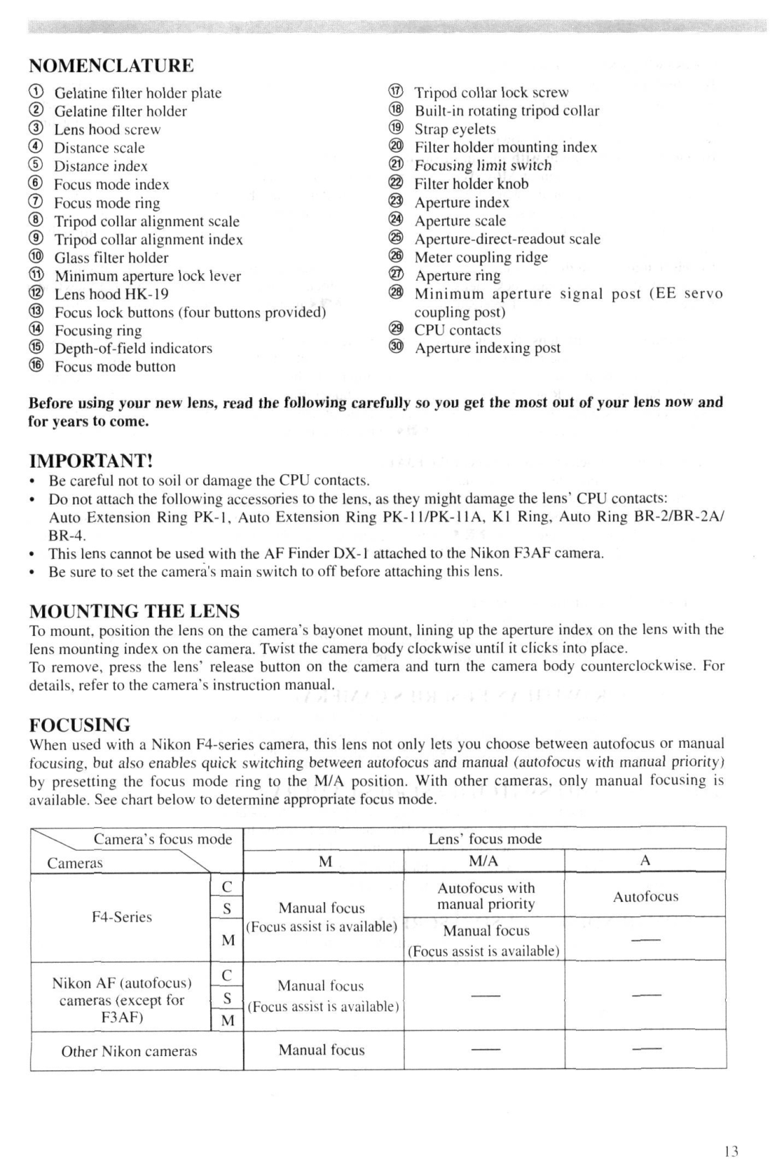 Nikon AF-I instruction manual Nomenclature, Mounting the Lens, Focusing, Other Nikon cameras Manual focus 