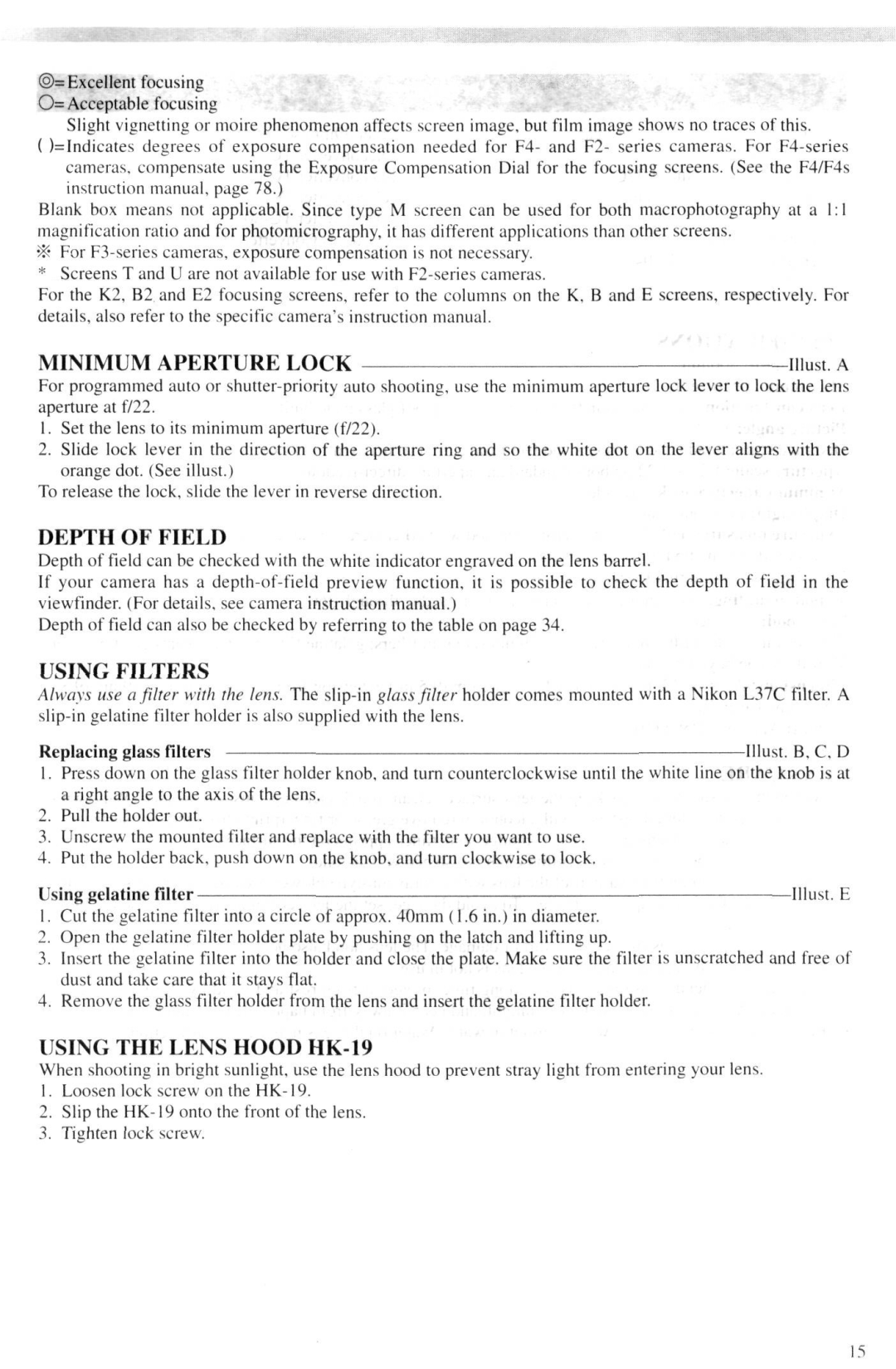 Nikon AF-I instruction manual Minimum Aperture Lock, Depth of Field, Using Filters, Using the Lens Hood HK-19 