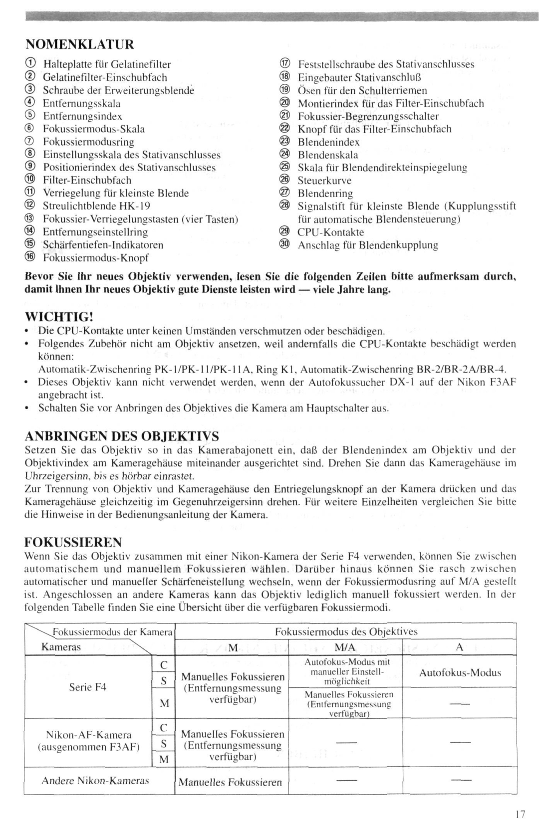 Nikon AF-I instruction manual Nomenklatur, Wichtig, Anbringen DES Objektivs, Fokussieren 