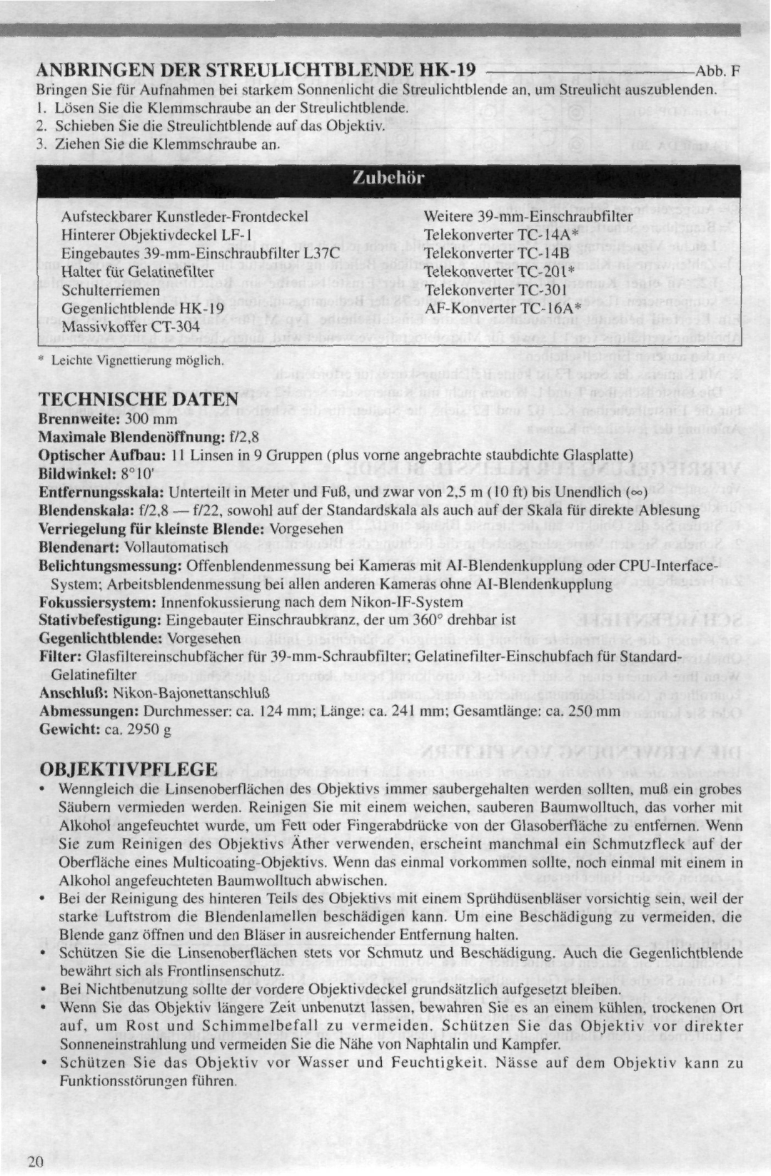 Nikon AF-I instruction manual Anbringen DER Streulichtblende HK-19, Technische Daten, Objektivpflege 