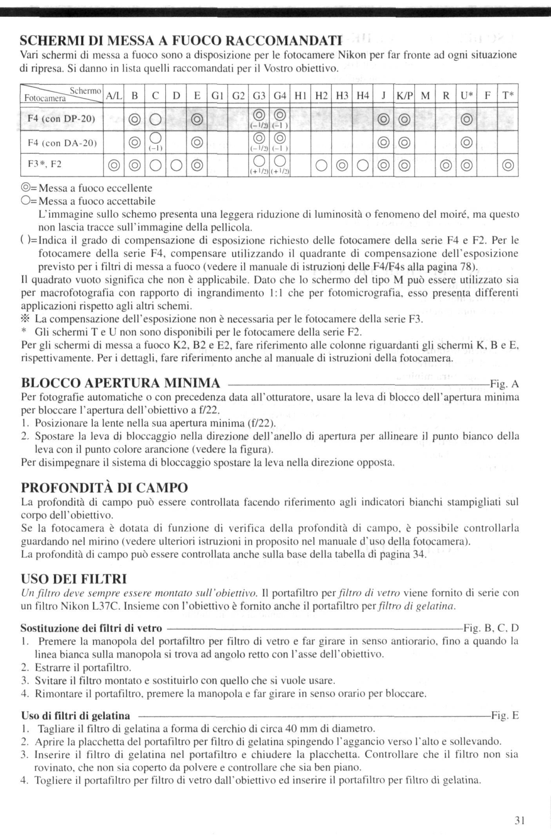 Nikon AF-I Schermi DI Messa a Fuoco Raccomandati, Blocco Apertura Minima, Fig a, Profondita DI Campo, USO DEI Filtri 