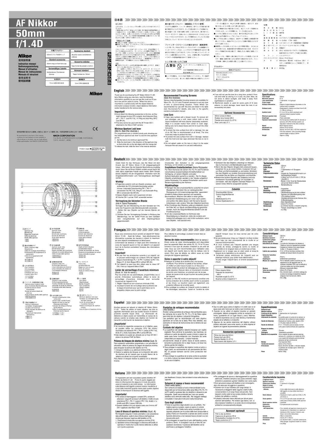 Nikon 1.4D specifications Bedienungsanleitung, Manuel dutilisation, Manuale di istruzioni, Optional Accessories, Wichtig 