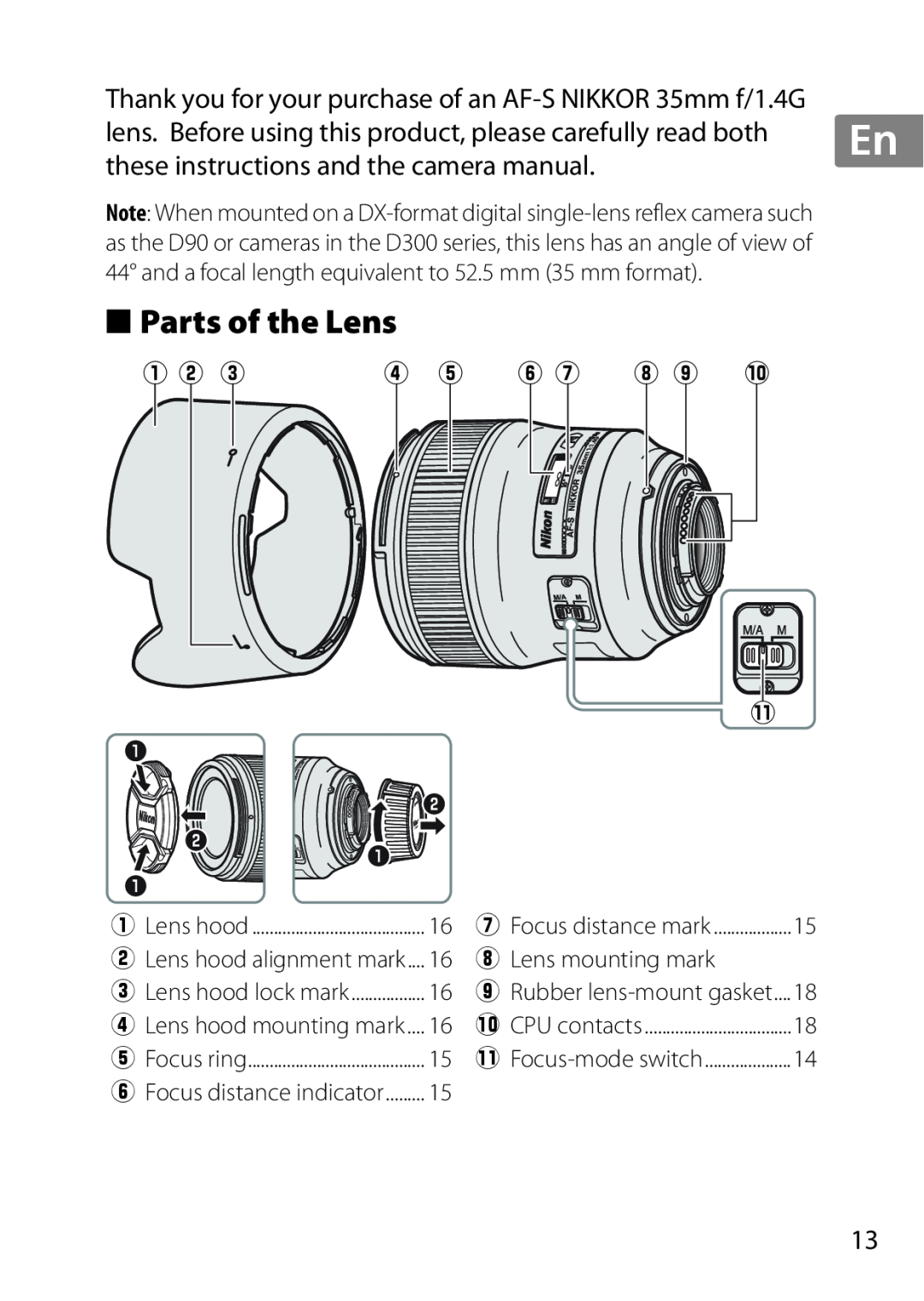 Nikon 35mmf14G, AF-S, 35mm f/1.4G, 2198 user manual Parts of the Lens 