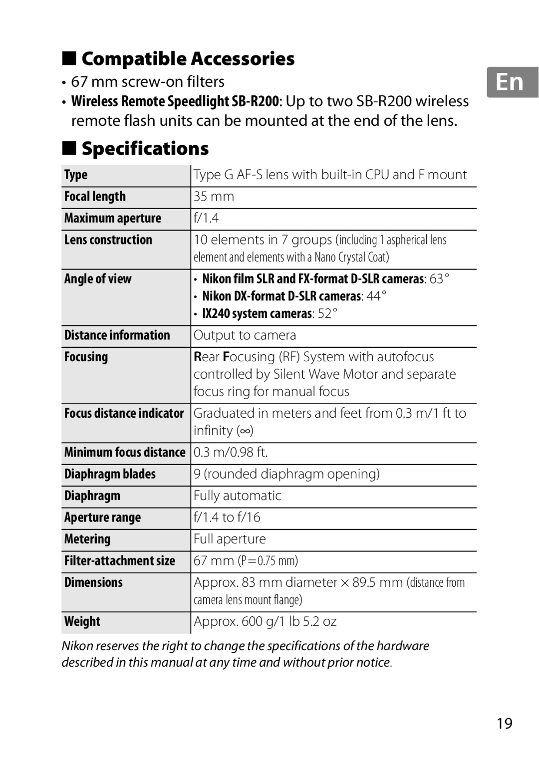 Nikon 2198, AF-S, 35mmf14G, 35mm f/1.4G user manual Compatible Accessories, Specifications, mm screw-onfilters 
