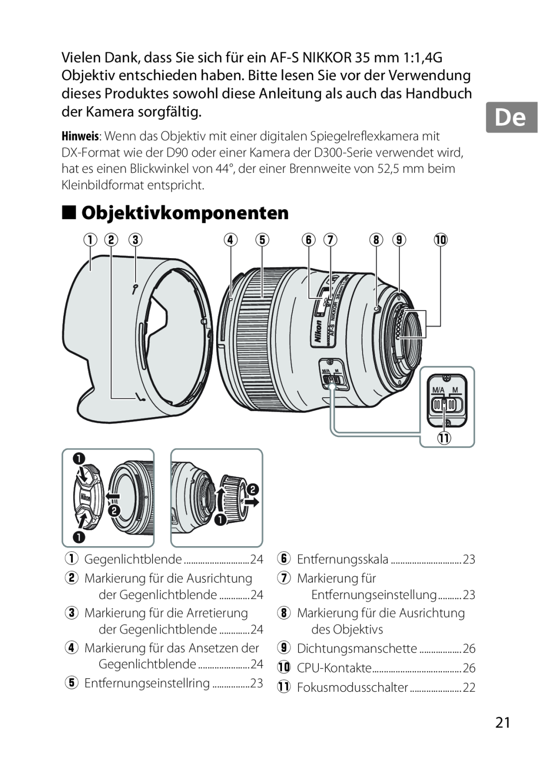 Nikon 35mmf14G, AF-S, 35mm f/1.4G, 2198 user manual Objektivkomponenten, q w e, y u i o !0 1 