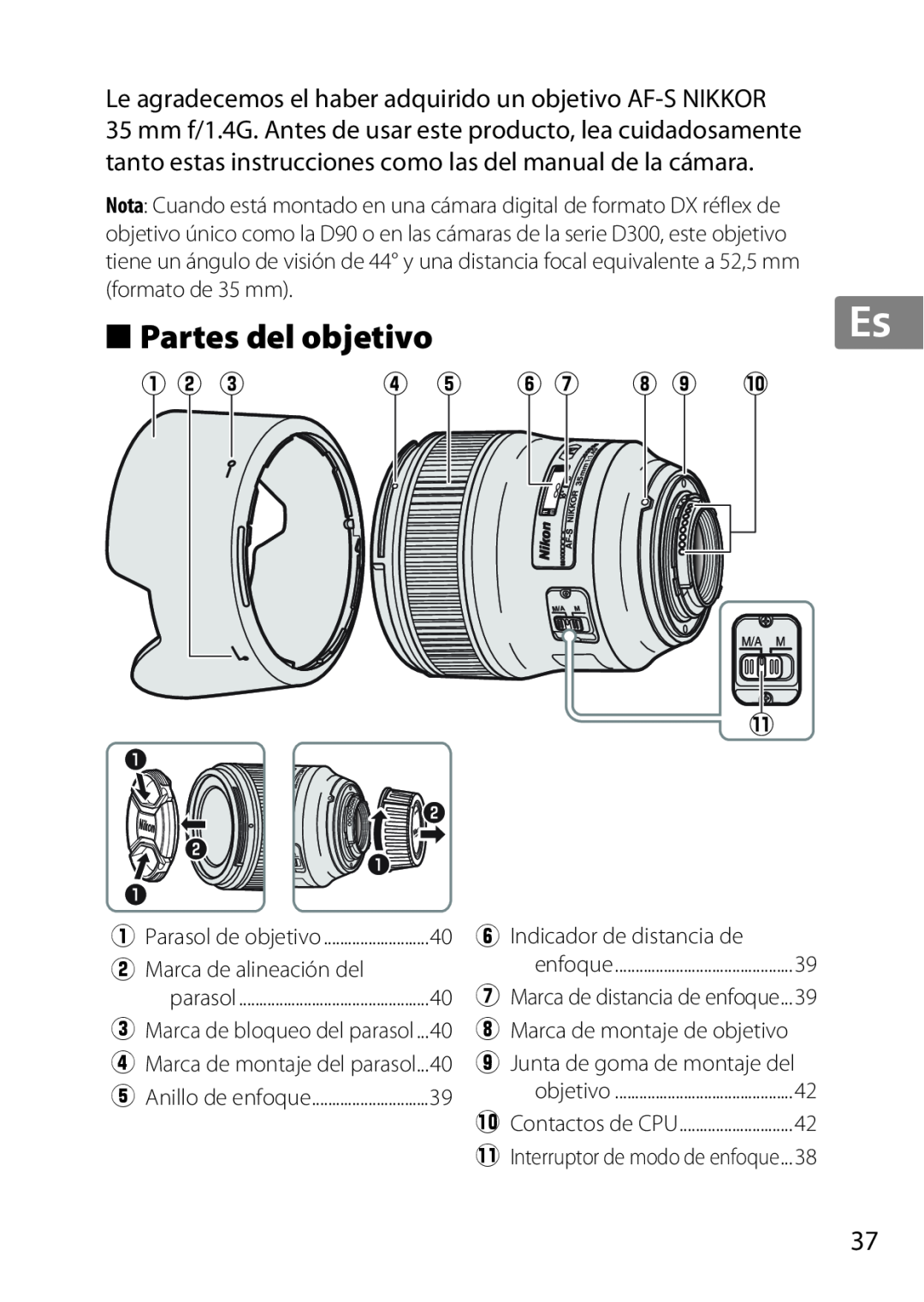 Nikon 35mmf14G, AF-S, 35mm f/1.4G, 2198 user manual Partes del objetivo, q w e, y u i o !0 1 