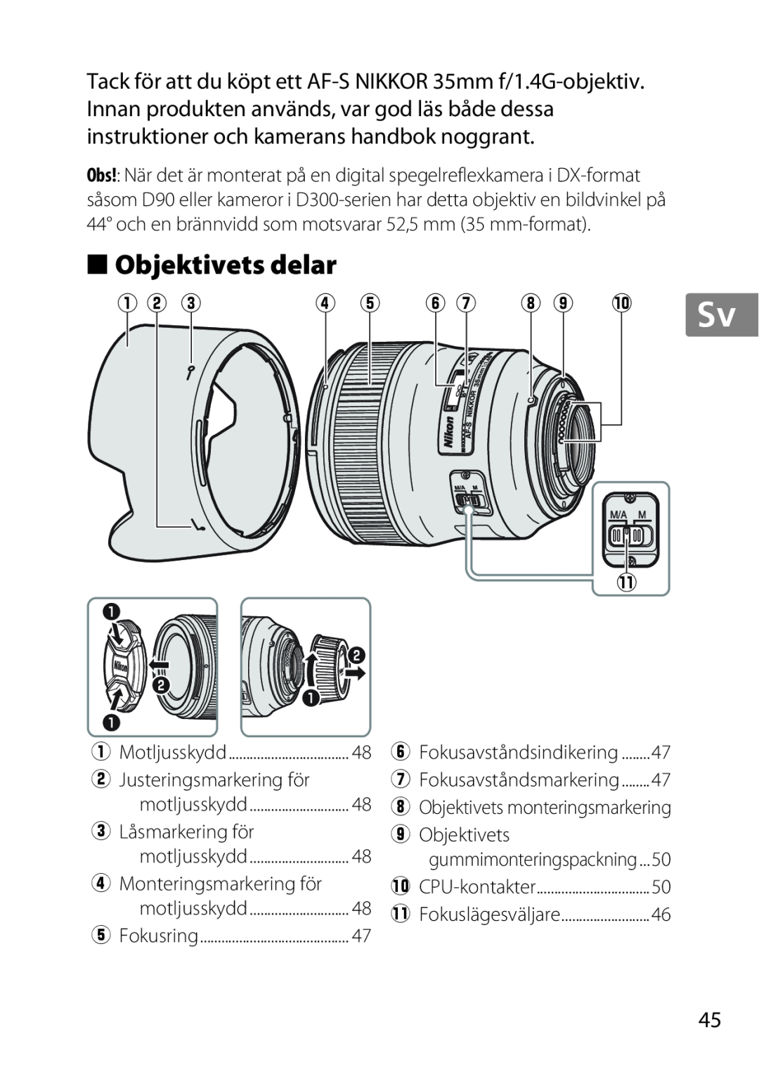 Nikon 35mmf14G, AF-S, 35mm f/1.4G, 2198 user manual Objektivets delar, q w e, r t y u i o !0 