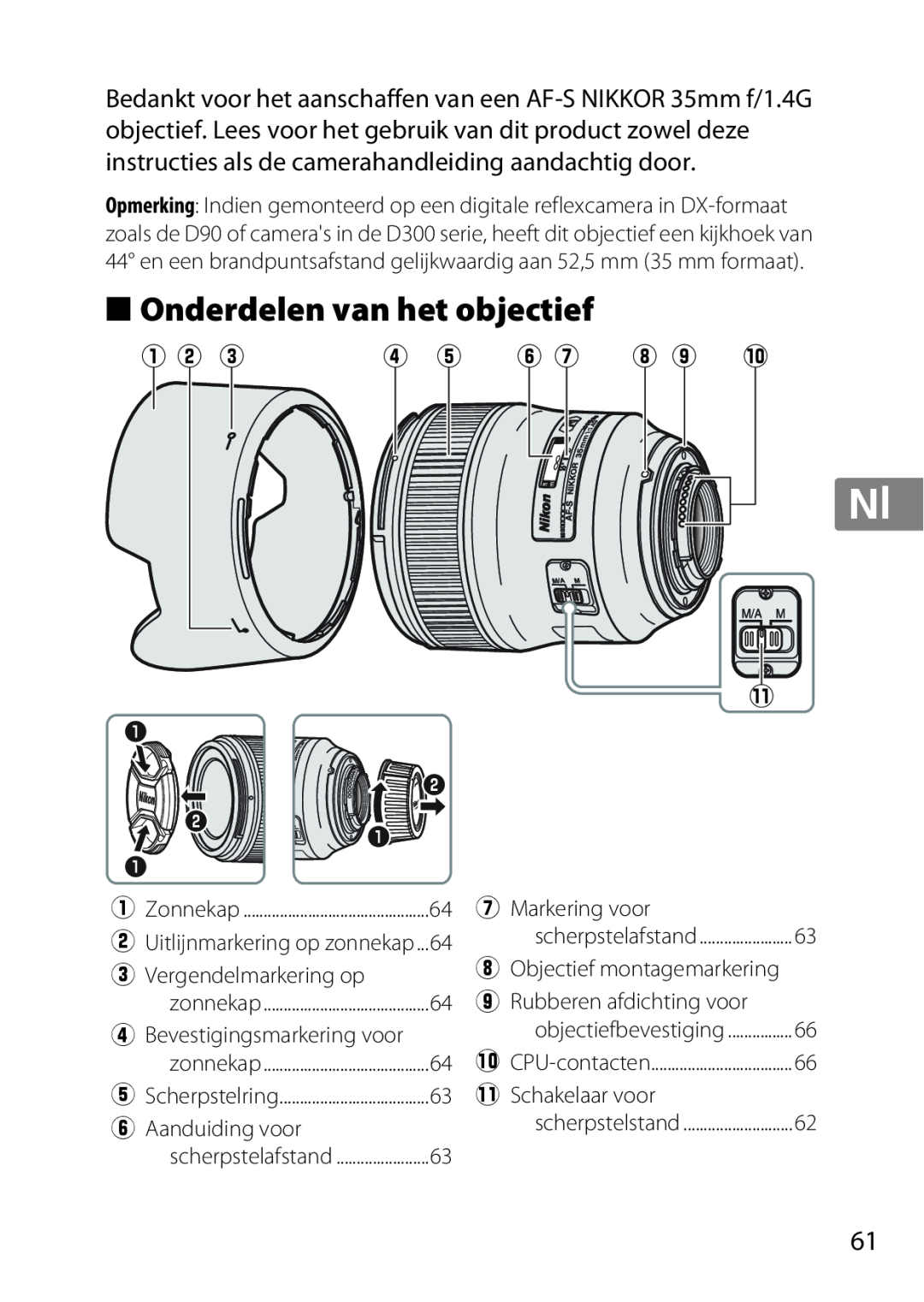Nikon 35mmf14G, AF-S Onderdelen van het objectief, q w e, y u i o !0, e Vergendelmarkering op, rBevestigingsmarkering voor 