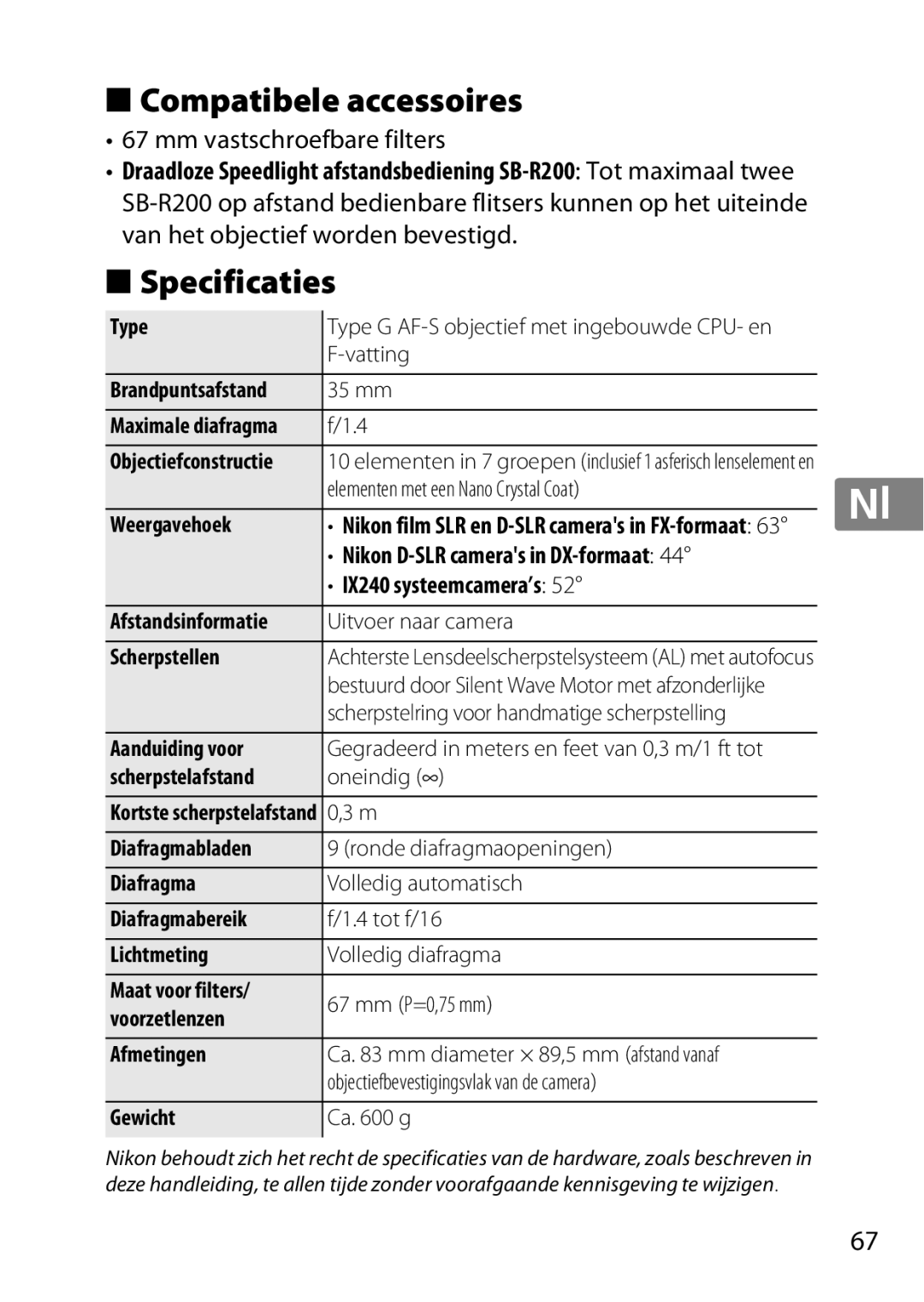 Nikon 2198, AF-S, 35mmf14G, 35mm f/1.4G user manual Compatibele accessoires, Specificaties, • IX240 systeemcamera’s 