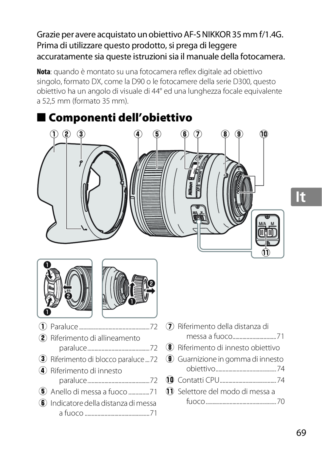 Nikon 35mmf14G, AF-S, 35mm f/1.4G, 2198 user manual Componenti dell’obiettivo, q w e, r t y u i o !0 