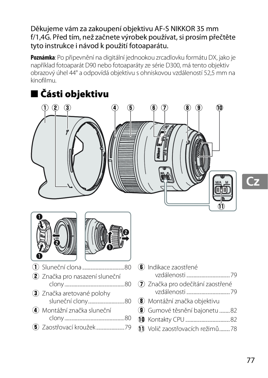 Nikon 35mmf14G, AF-S, 35mm f/1.4G, 2198 user manual Části objektivu, q w e, r t y u i o !0 