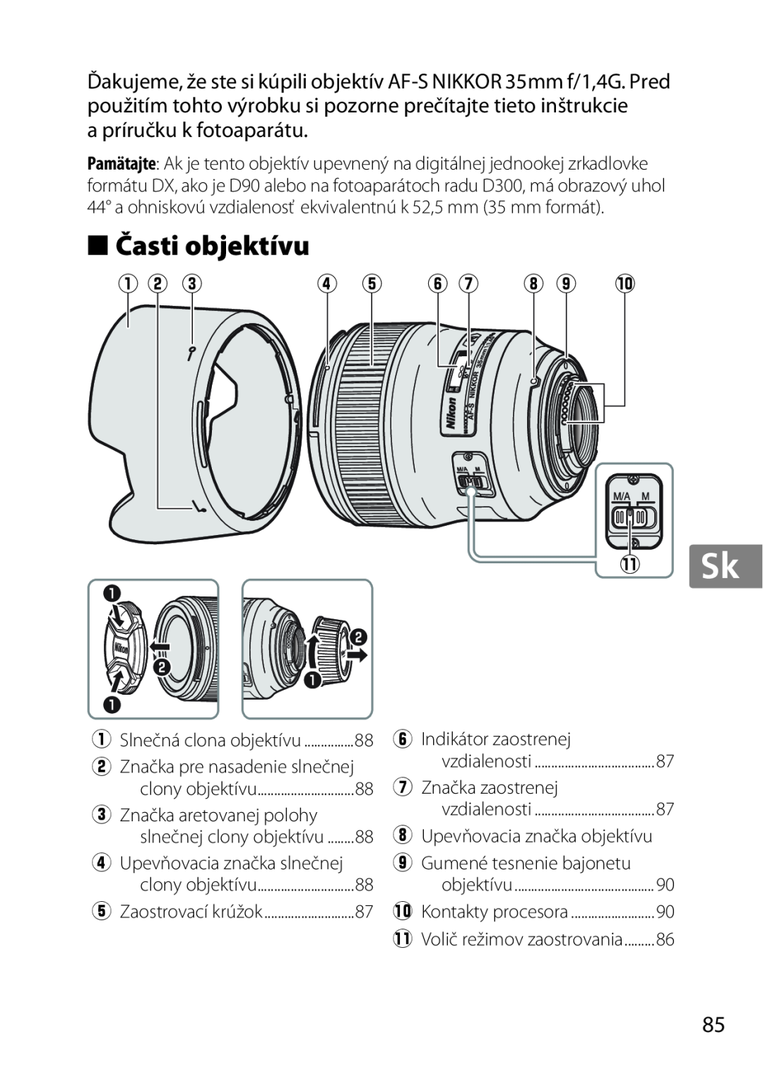Nikon 35mmf14G, AF-S, 2198 Časti objektívu, q w e, y u i o !0 1 Sk, eZnačka aretovanej polohy, rUpevňovacia značka slnečnej 