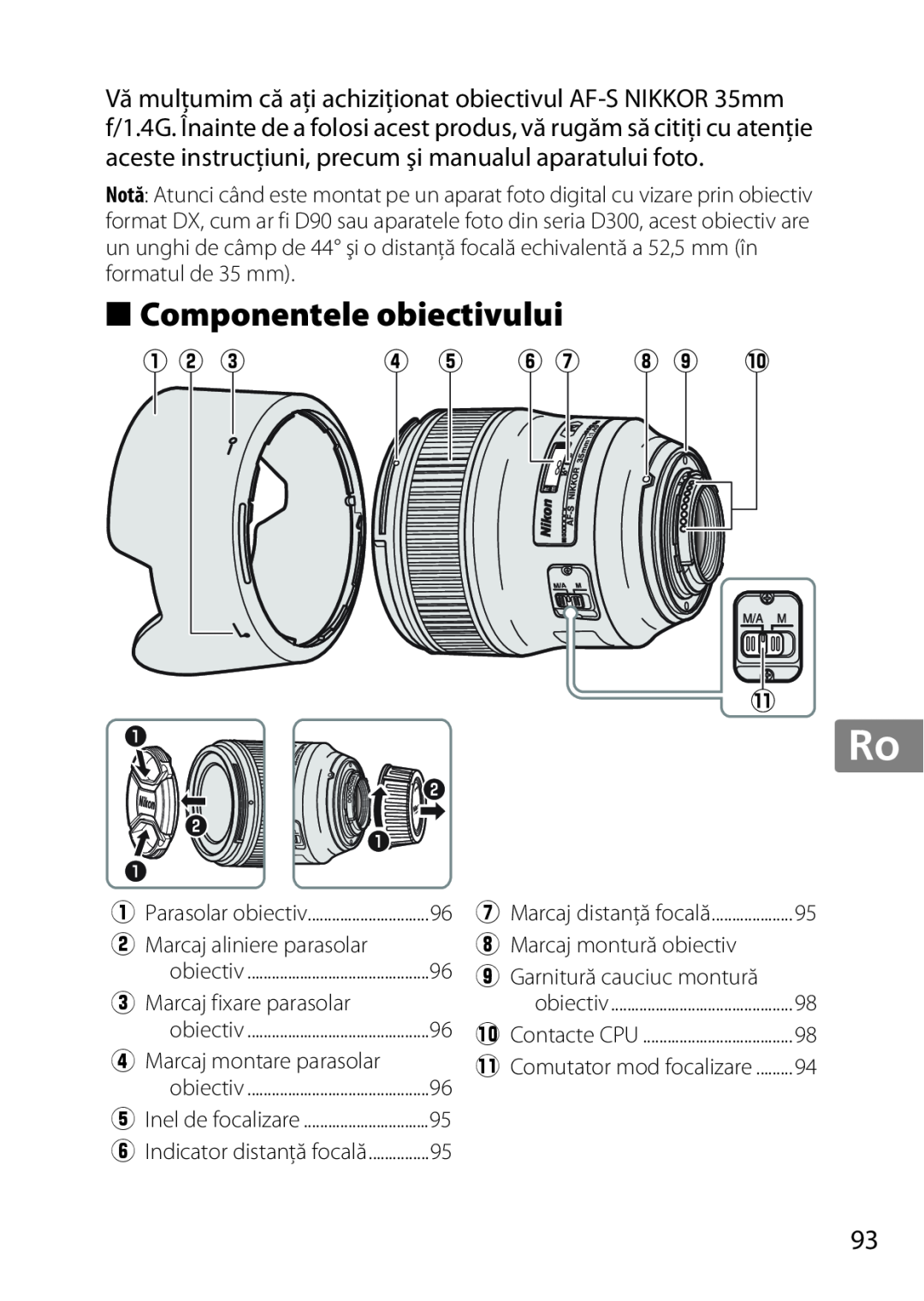 Nikon 35mmf14G, AF-S, 35mm f/1.4G, 2198 user manual Componentele obiectivului, q w e, y u i o !0 1 