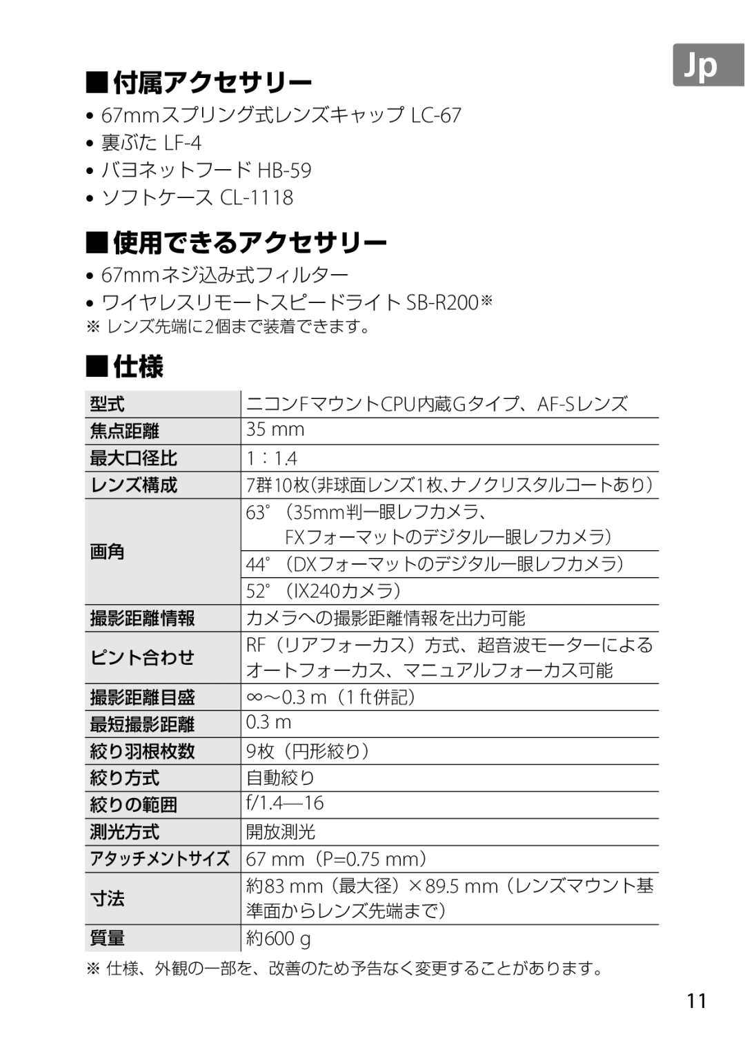 Nikon 2198, AF-S, 35mmf14G, 35mm f/1.4G 35 mm, ：1.4, 52（IX240カメラ）, ∞～ 0.3 m（1 ft併記）, 4-16, 67 mm（P=0.75 mm）, 約600 g 