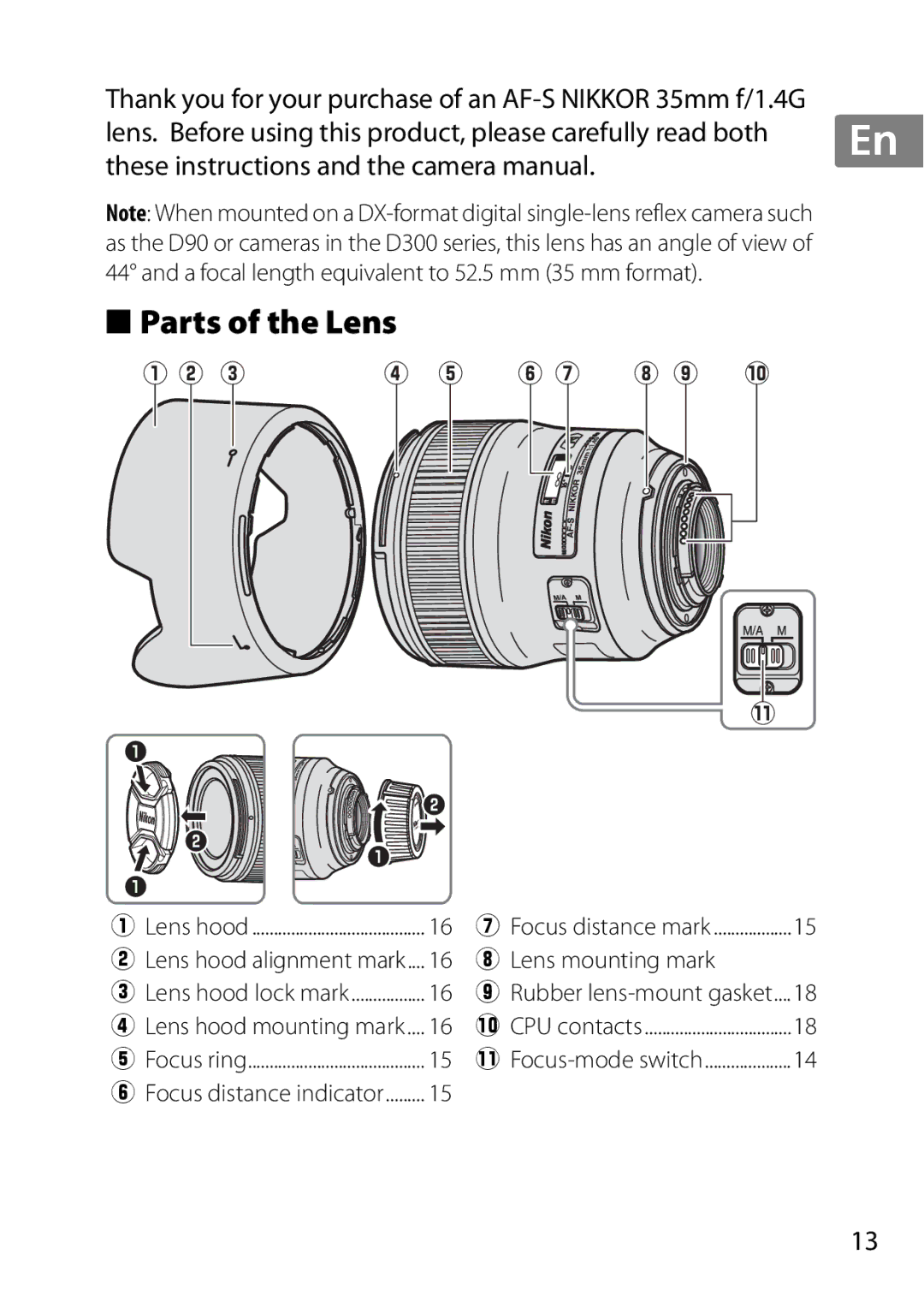 Nikon 35mmf14G, AF-S, 35mm f/1.4G, 2198 user manual Parts of the Lens, Lens mounting mark, Lens hood alignment mark 